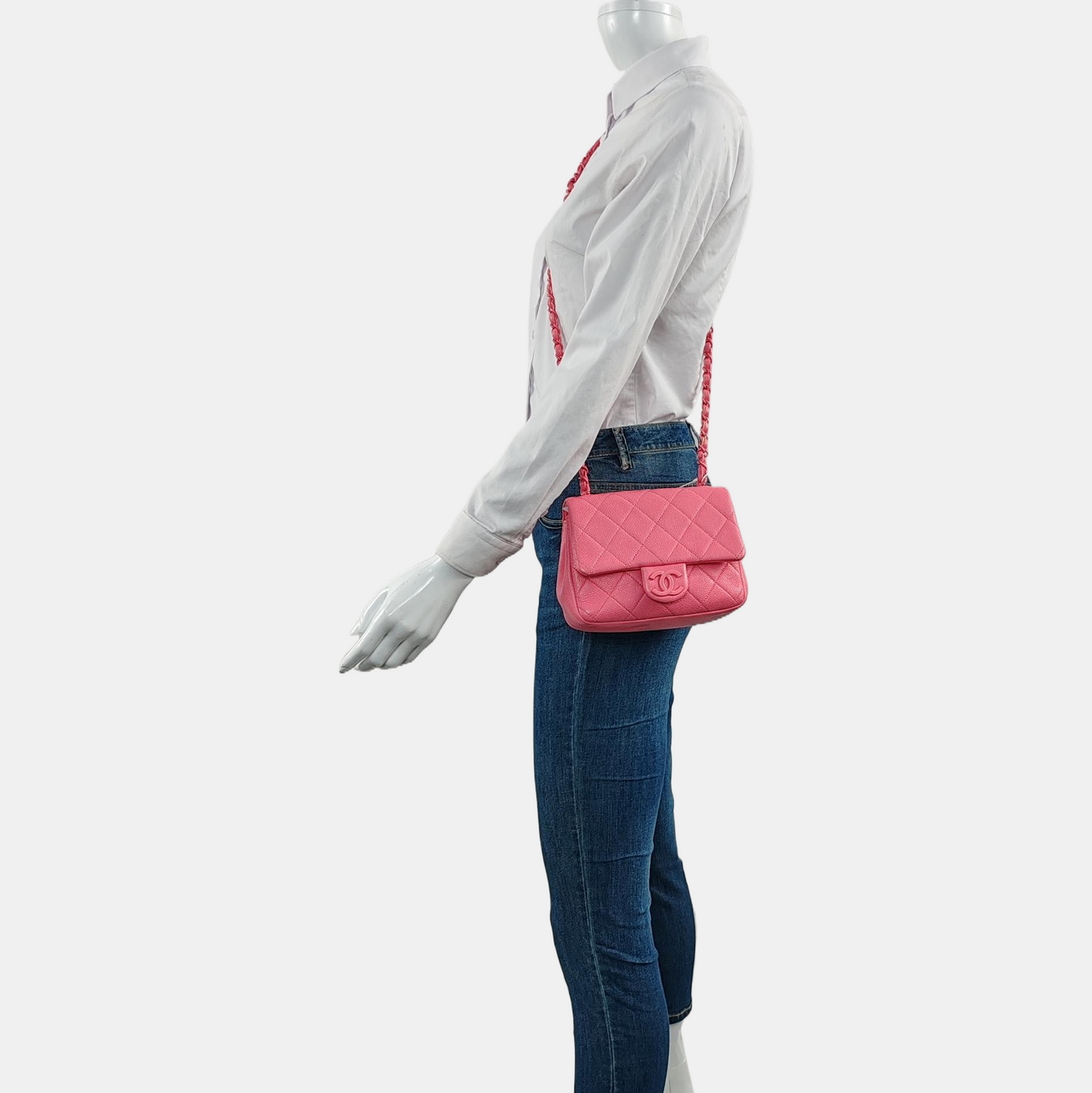 CHANEL CLASSIC FLAP Pink Quilted Calfskin Monogram Shoulder Bag, Handle Bag, Crossbody with Detachable Strap, Pink Hardware, 29 Clasps-(SKU)-966828940