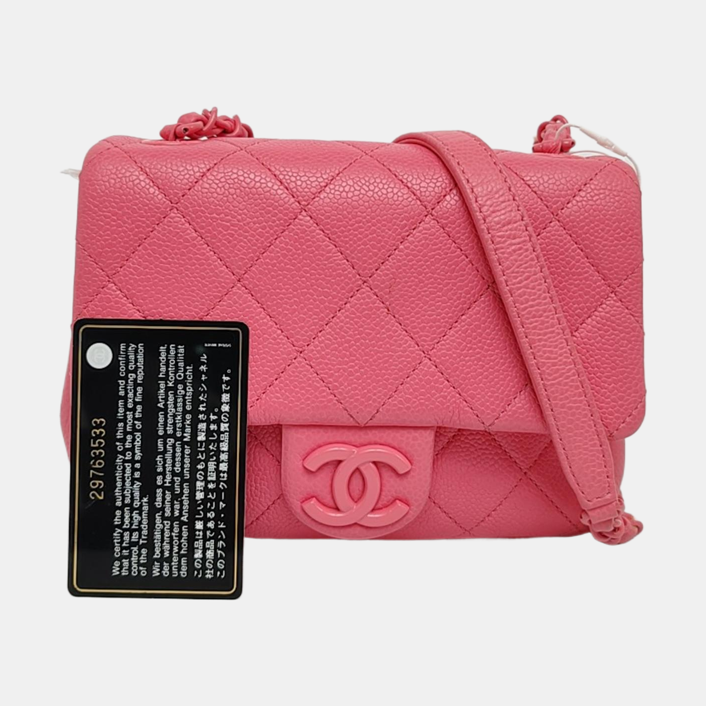 CHANEL CLASSIC FLAP Pink Quilted Calfskin Monogram Shoulder Bag, Handle Bag, Crossbody with Detachable Strap, Pink Hardware, 29 Clasps-(SKU)-966828940
