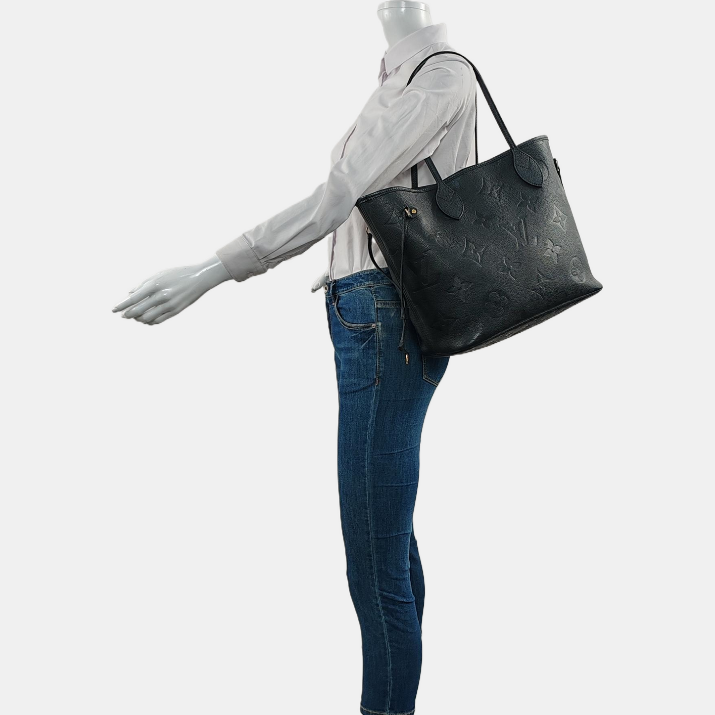 LOUIS VUITTON NEVERFULL Medium Black Calfskin Monogram Embossed Tote Bag Shoulder Bag Handbag Pockets-(SKU)-966842664