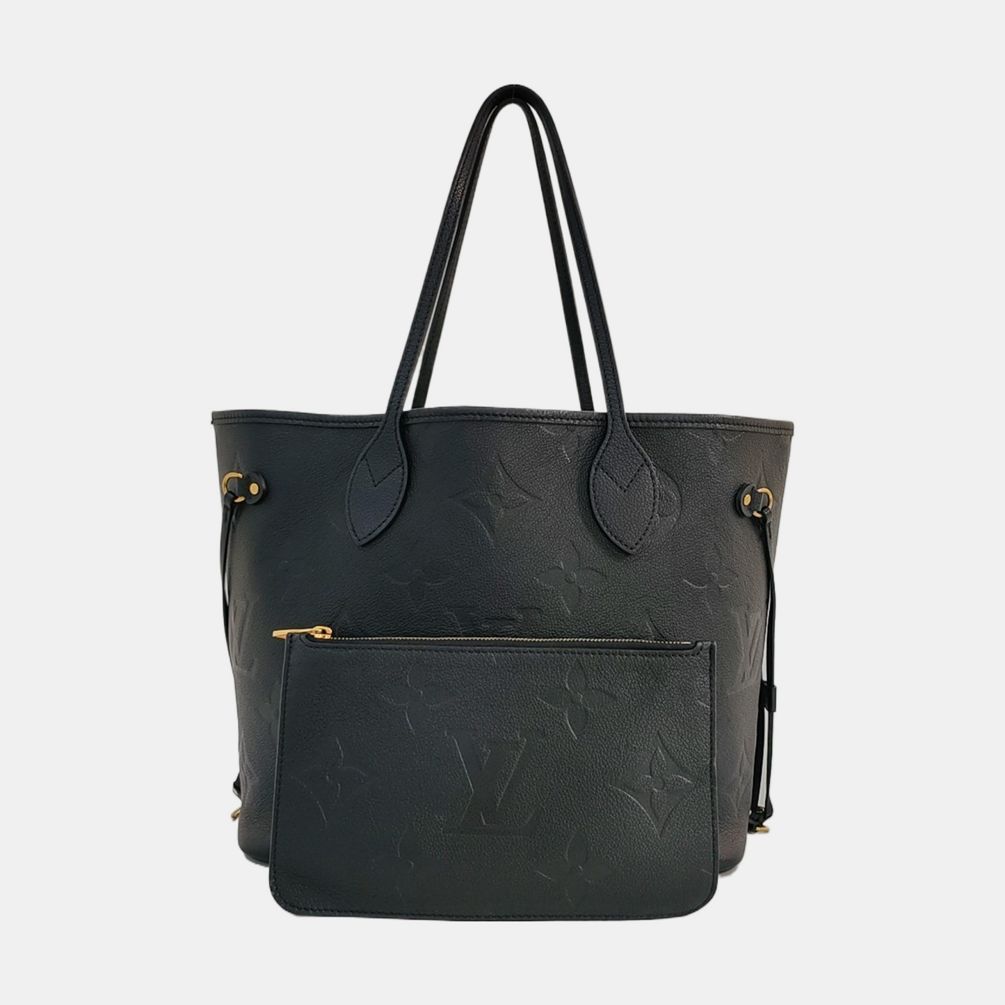 LOUIS VUITTON NEVERFULL Medium Black Calfskin Monogram Embossed Tote Bag Shoulder Bag Handbag Pockets-(SKU)-966842664