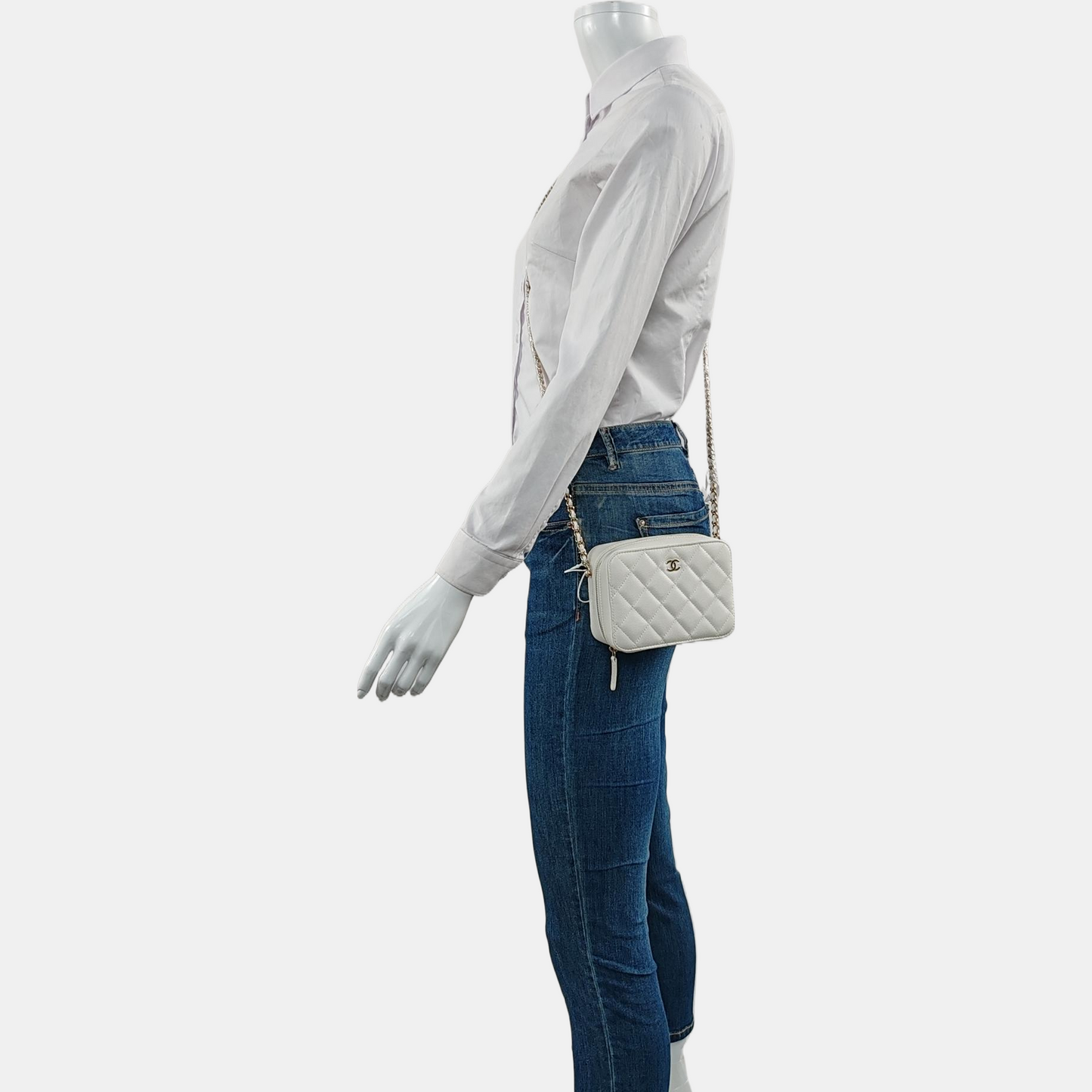 CHANEL SURPIQUE White Calfskin Quilted Monogram Crossbody Single Shoulder Bag with Gold Hardware-(SKU)-966839667