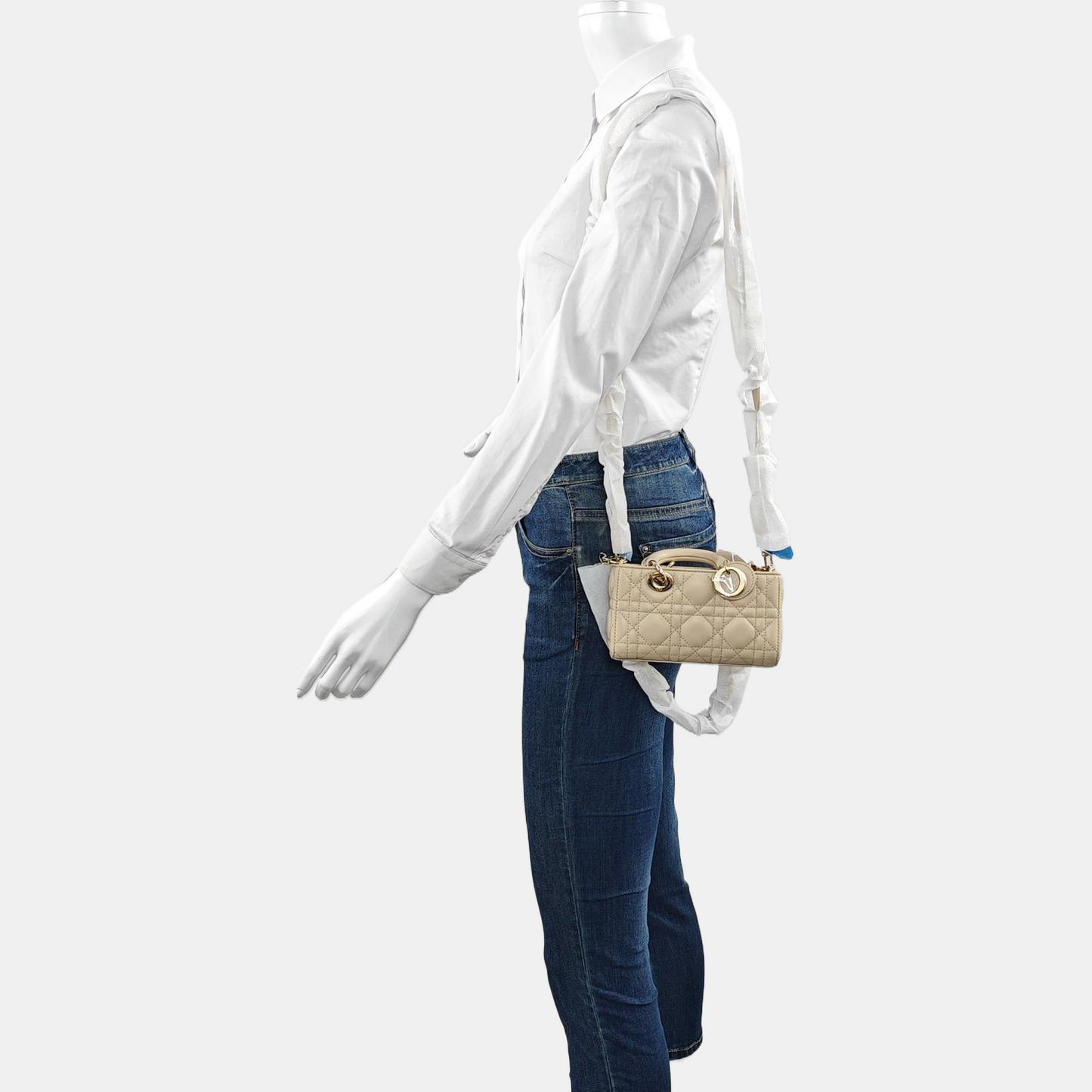 DIOR Lady D-Joy Super mini size beige lamb leather diamond quilting crossbody bag shoulder bag handbag golden hardware 2 detachable shoulder straps-(SKU)-966635489