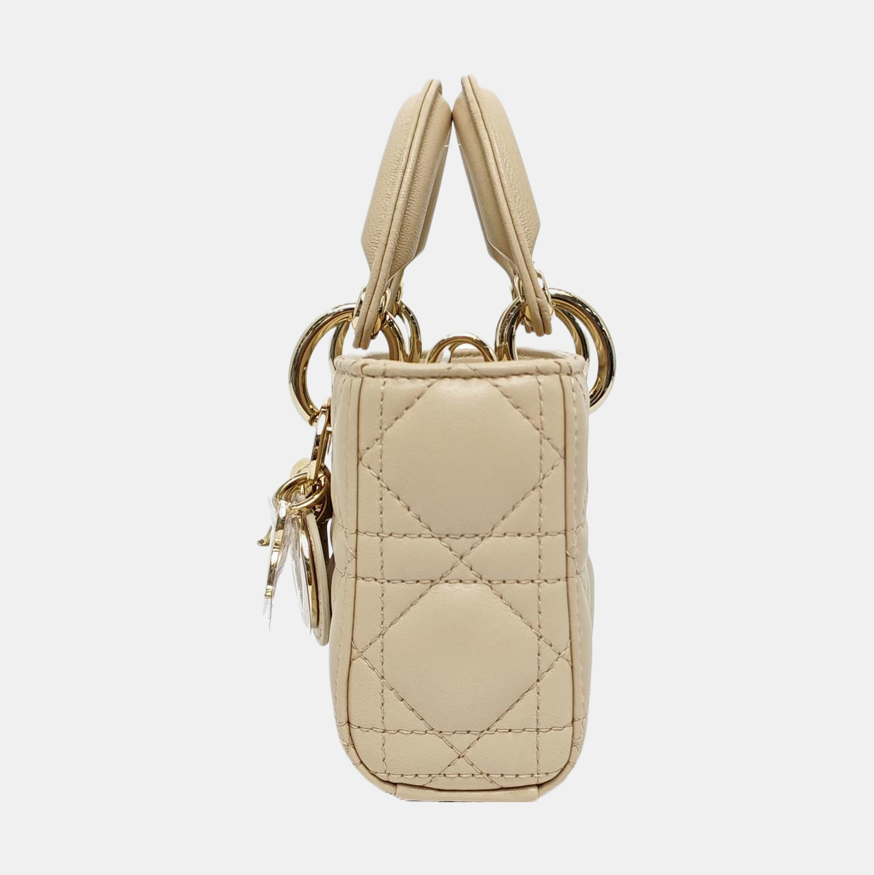 DIOR Lady D-Joy Super mini size beige lamb leather diamond quilting crossbody bag shoulder bag handbag golden hardware 2 detachable shoulder straps-(SKU)-966635489