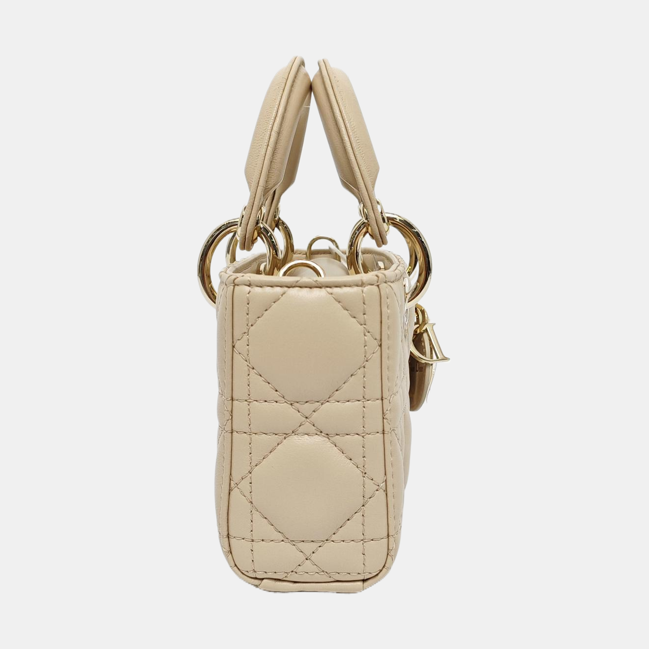 DIOR Lady D-Joy Super mini size beige lamb leather diamond quilting crossbody bag shoulder bag handbag golden hardware 2 detachable shoulder straps-(SKU)-966635489