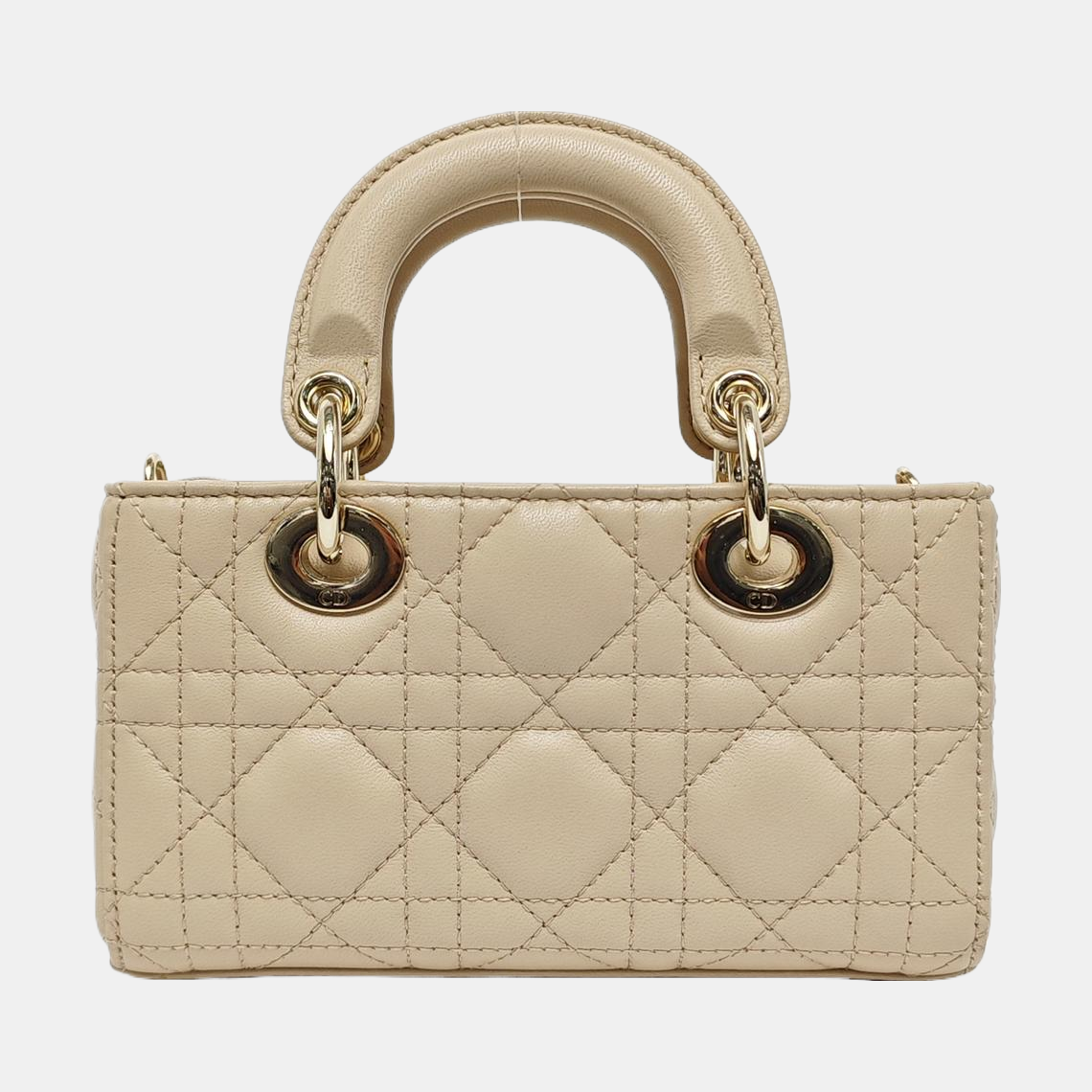 DIOR Lady D-Joy Super mini size beige lamb leather diamond quilting crossbody bag shoulder bag handbag golden hardware 2 detachable shoulder straps-(SKU)-966635489
