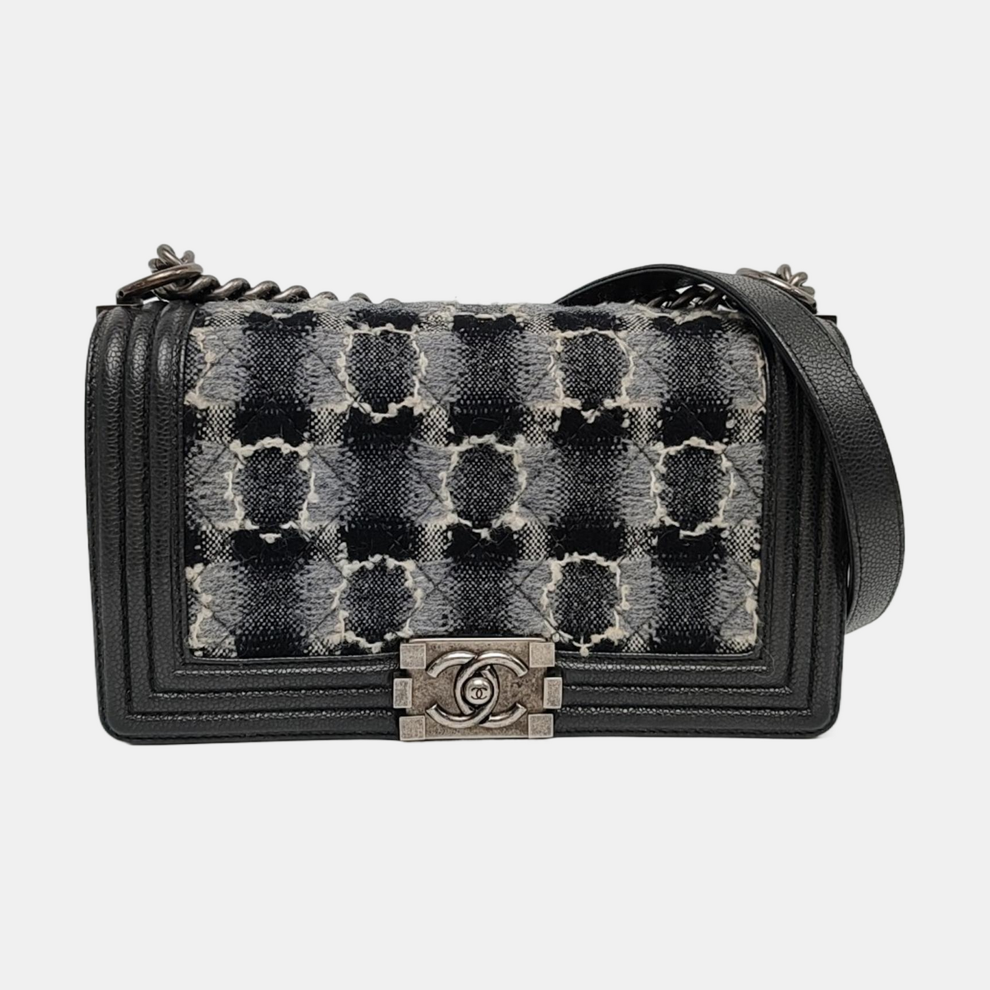 CHANEL BOY CHANEL Medium Black Tweed Quilted Crossbody Bag Single Shoulder Bag Rhodium Hardware 18 Clasp Detachable Strap-(SKU)-967050030