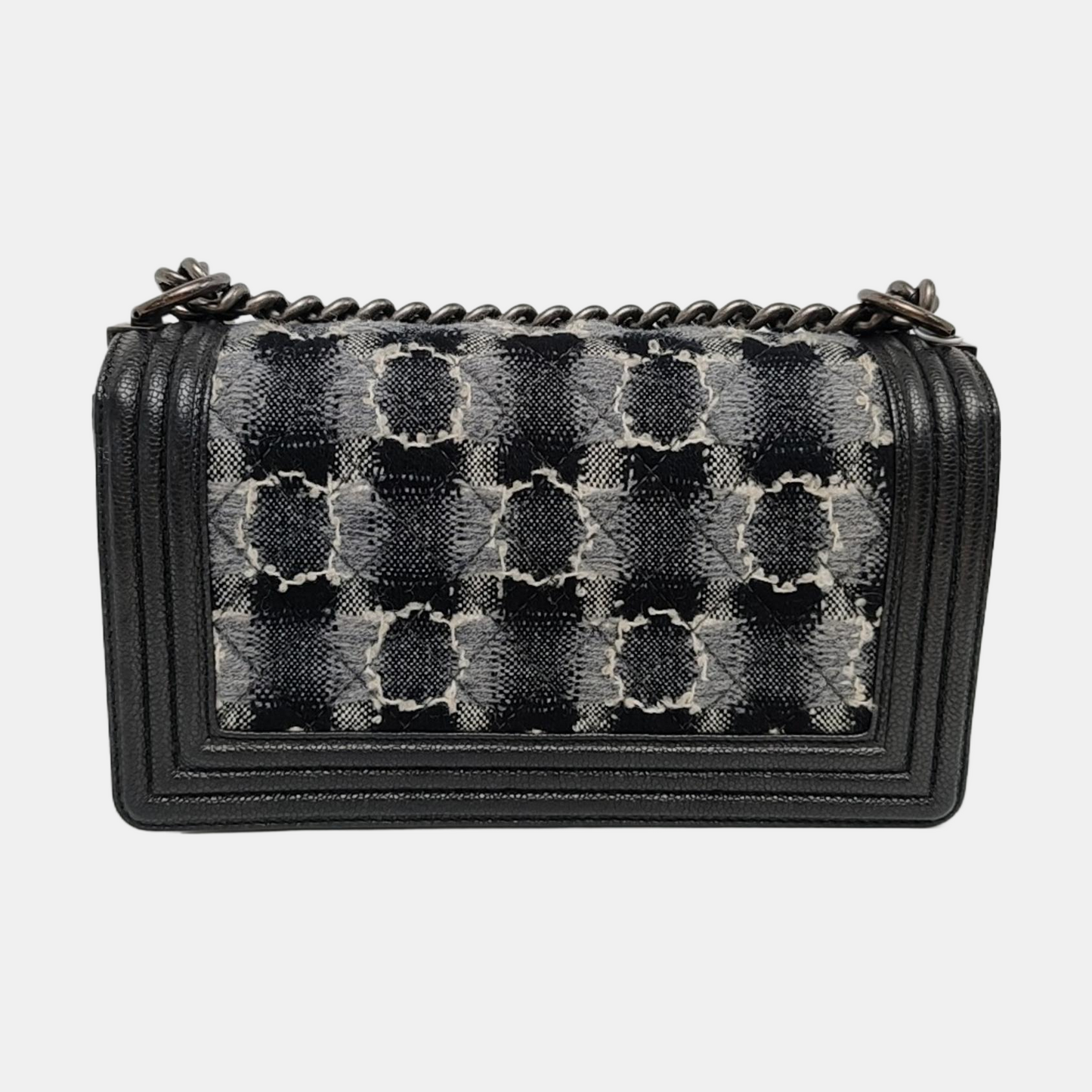 CHANEL BOY CHANEL Medium Black Tweed Quilted Crossbody Bag Single Shoulder Bag Rhodium Hardware 18 Clasp Detachable Strap-(SKU)-967050030