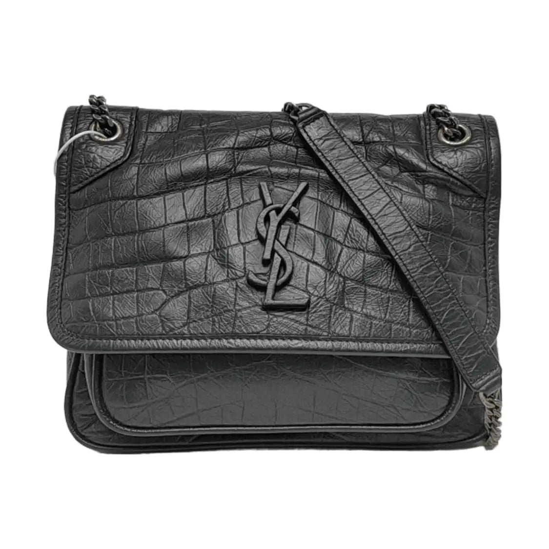 YSL NIKI Small Dark Grey Calfskin Plaid Quilted V-Shape Shoulder Bag Palladium Hardware-(SKU)-966844525