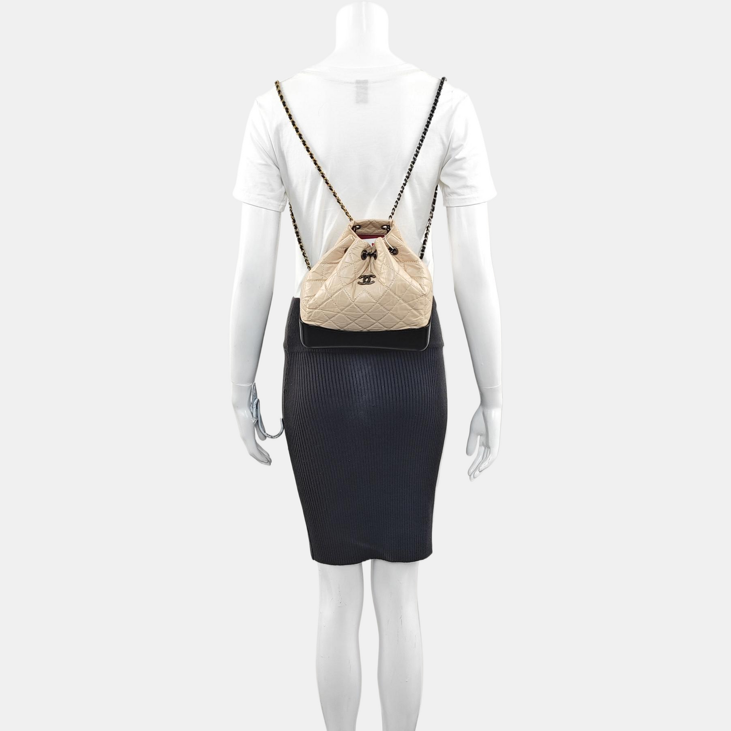 CHANEL GABRIELLE small size beige leather quilted Gabrielle bag, backpack with gold and silver hardware and 26 chain links-(SKU)-967131520