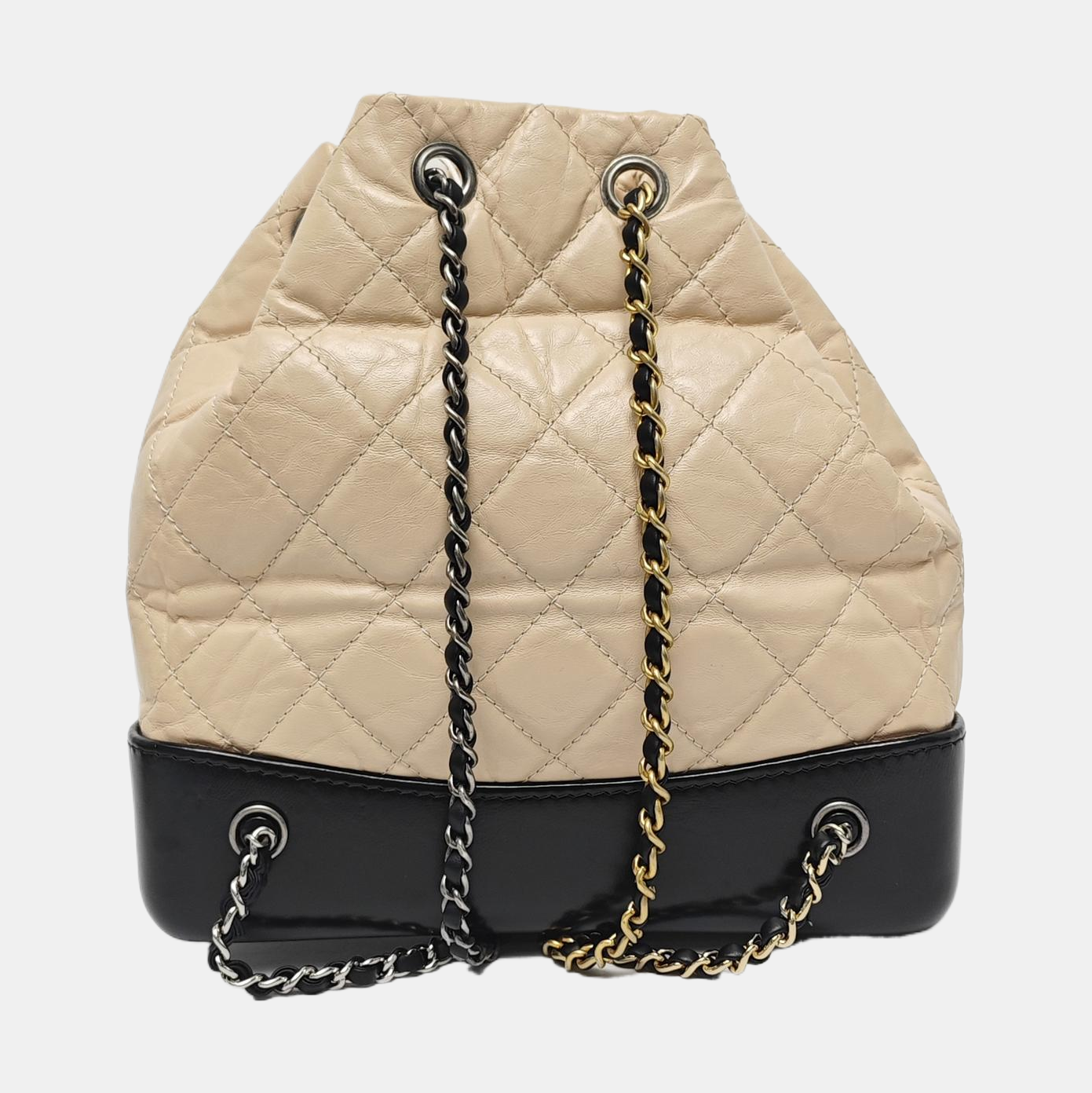 CHANEL GABRIELLE small size beige leather quilted Gabrielle bag, backpack with gold and silver hardware and 26 chain links-(SKU)-967131520