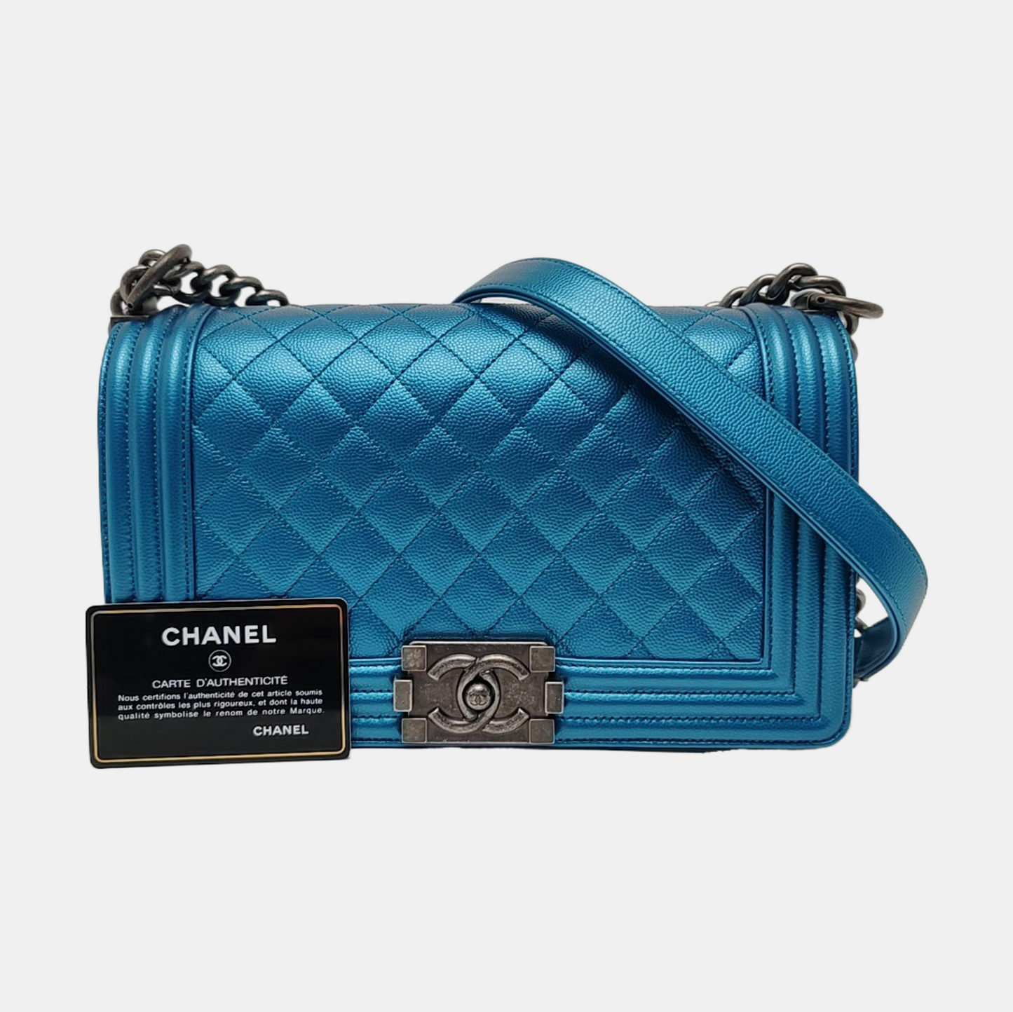 CHANEL BOY CHANEL Blue Quilted Calfskin Monogram Shoulder Bag, Crossbody with Detachable Strap, Ruthenium-Colored Hardware, 24 Clasps-(SKU)-967190890