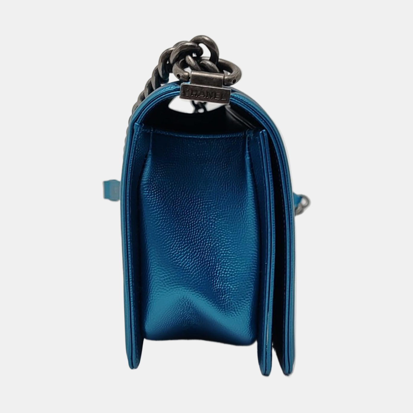 CHANEL BOY CHANEL Blue Quilted Calfskin Monogram Shoulder Bag, Crossbody with Detachable Strap, Ruthenium-Colored Hardware, 24 Clasps-(SKU)-967190890