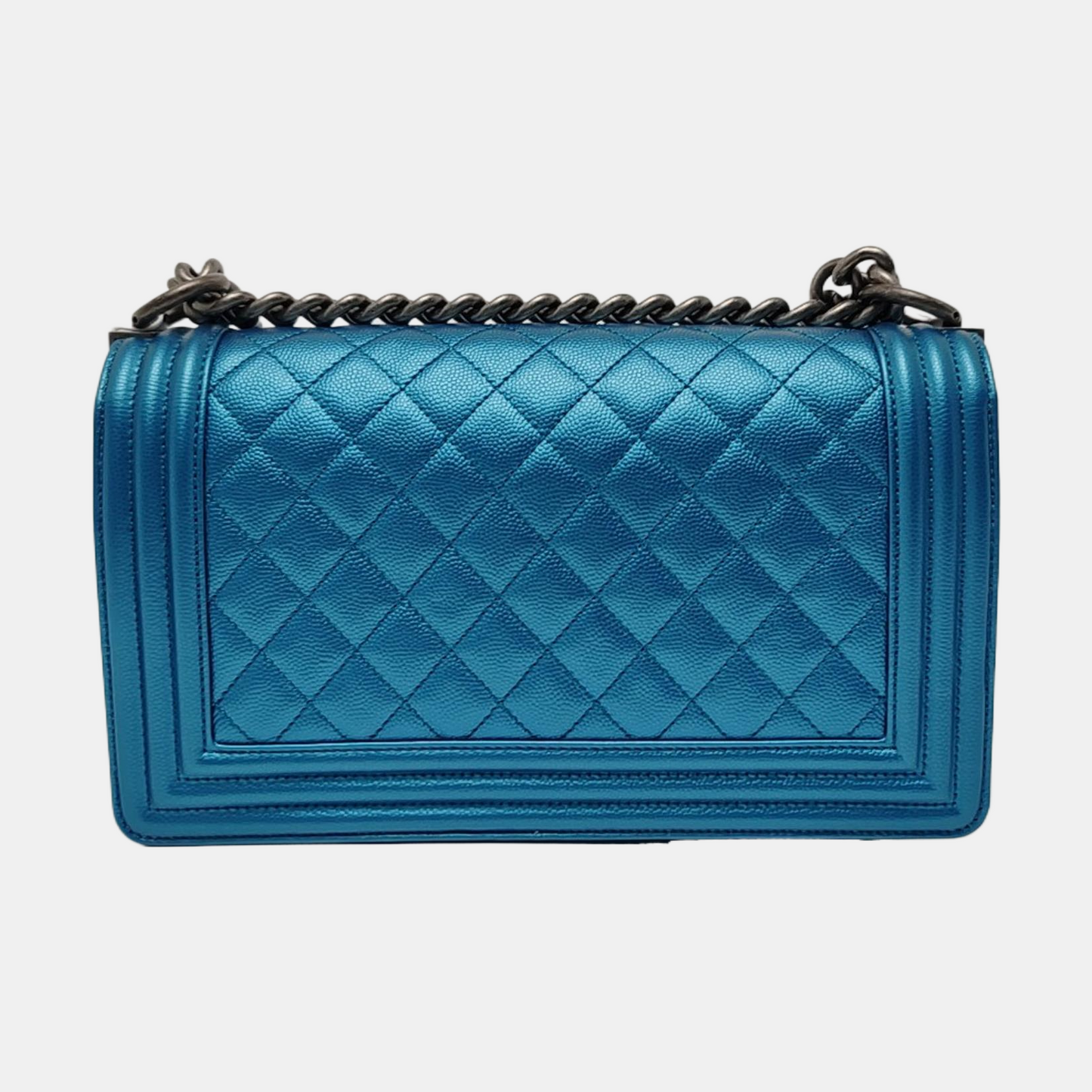 CHANEL BOY CHANEL Blue Quilted Calfskin Monogram Shoulder Bag, Crossbody with Detachable Strap, Ruthenium-Colored Hardware, 24 Clasps-(SKU)-967190890