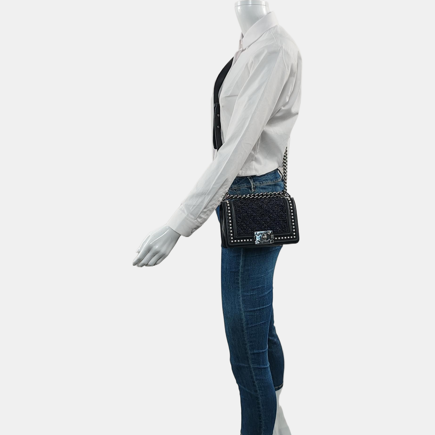 CHANEL BOY CHANEL Small Size Black Fabric Quilted Four Shoulder Bag, Crossbody Bag with Detachable Strap-(SKU)-967025259