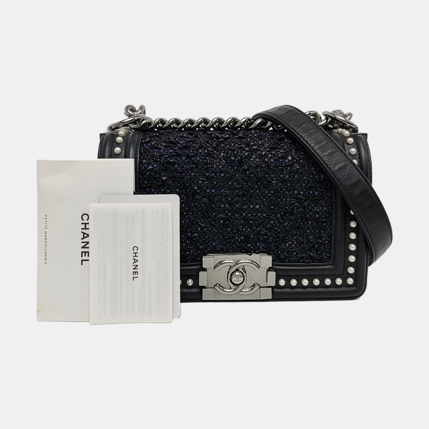 CHANEL BOY CHANEL Small Size Black Fabric Quilted Four Shoulder Bag, Crossbody Bag with Detachable Strap-(SKU)-967025259