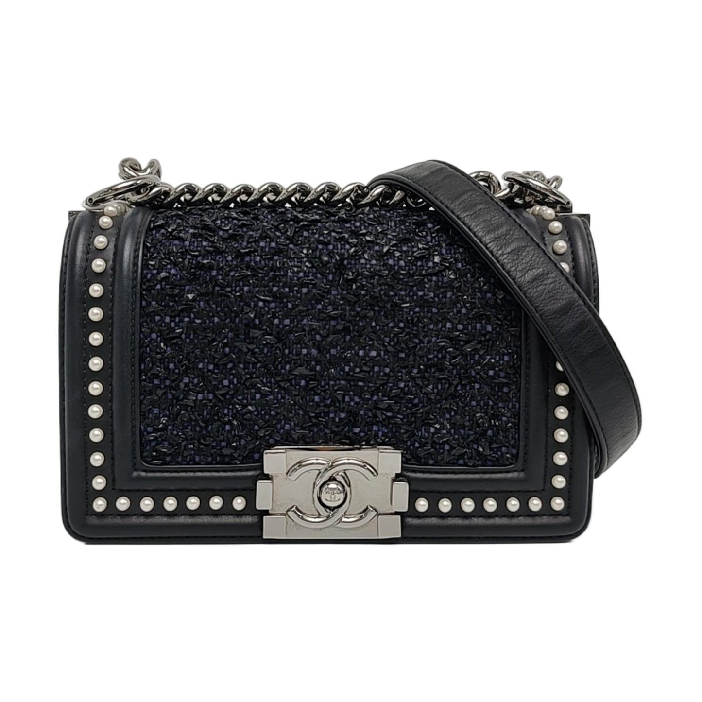 CHANEL BOY CHANEL Small Size Black Fabric Quilted Four Shoulder Bag, Crossbody Bag with Detachable Strap-(SKU)-967025259