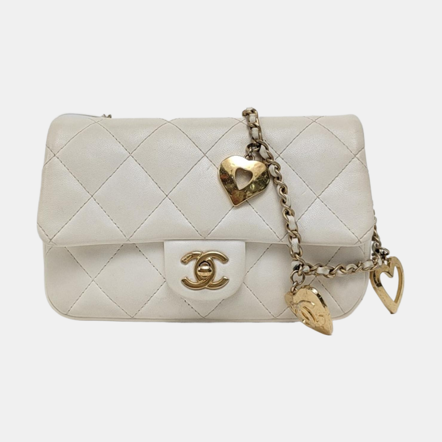 CHANEL CLASSIC FLAP Mini White Lamb Skin Quilted Crossbody Shoulder Bag with Gold Hardware-(SKU)-967034781