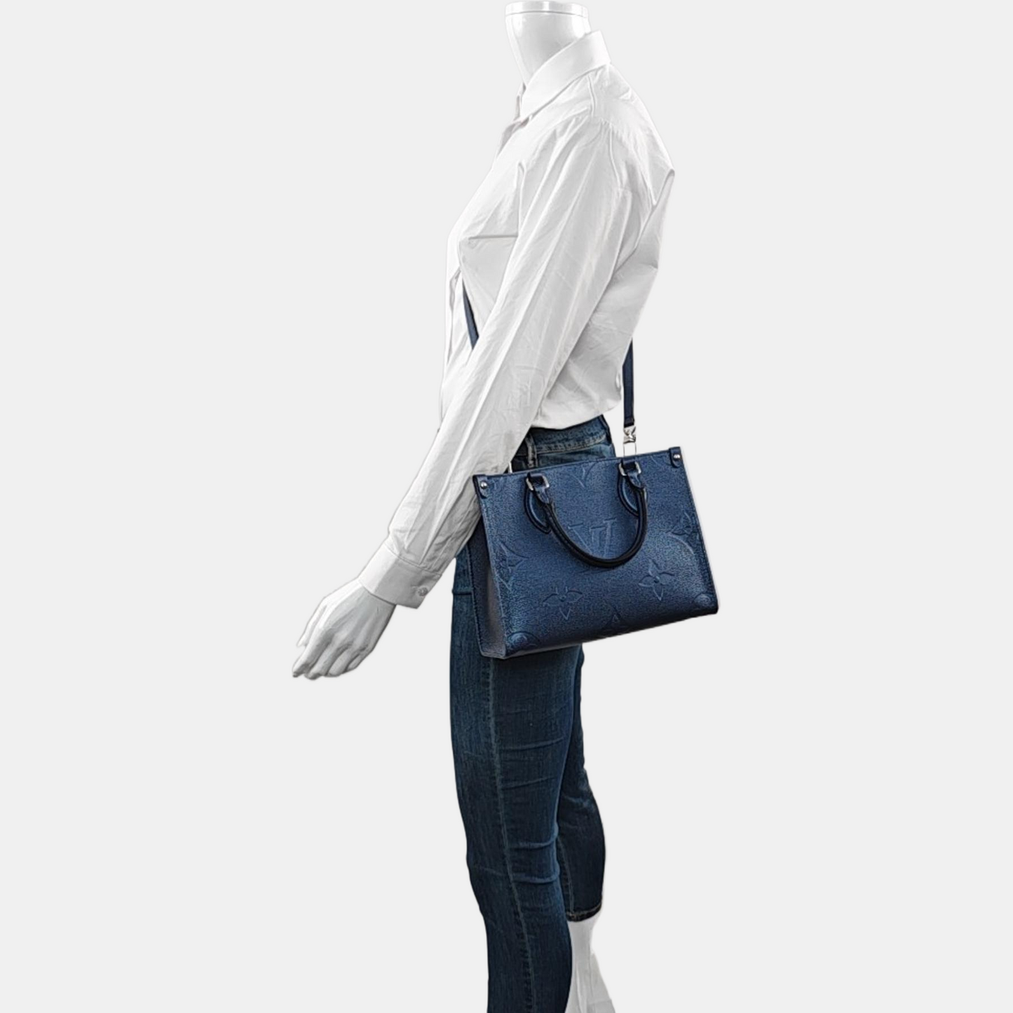 LOUIS VUITTON ONTHEGO Small size blue leather embossed jungle bag crossbody bag shoulder bag handbag with silver hardware and removable shoulder strap complete accessories-(SKU)-966998341