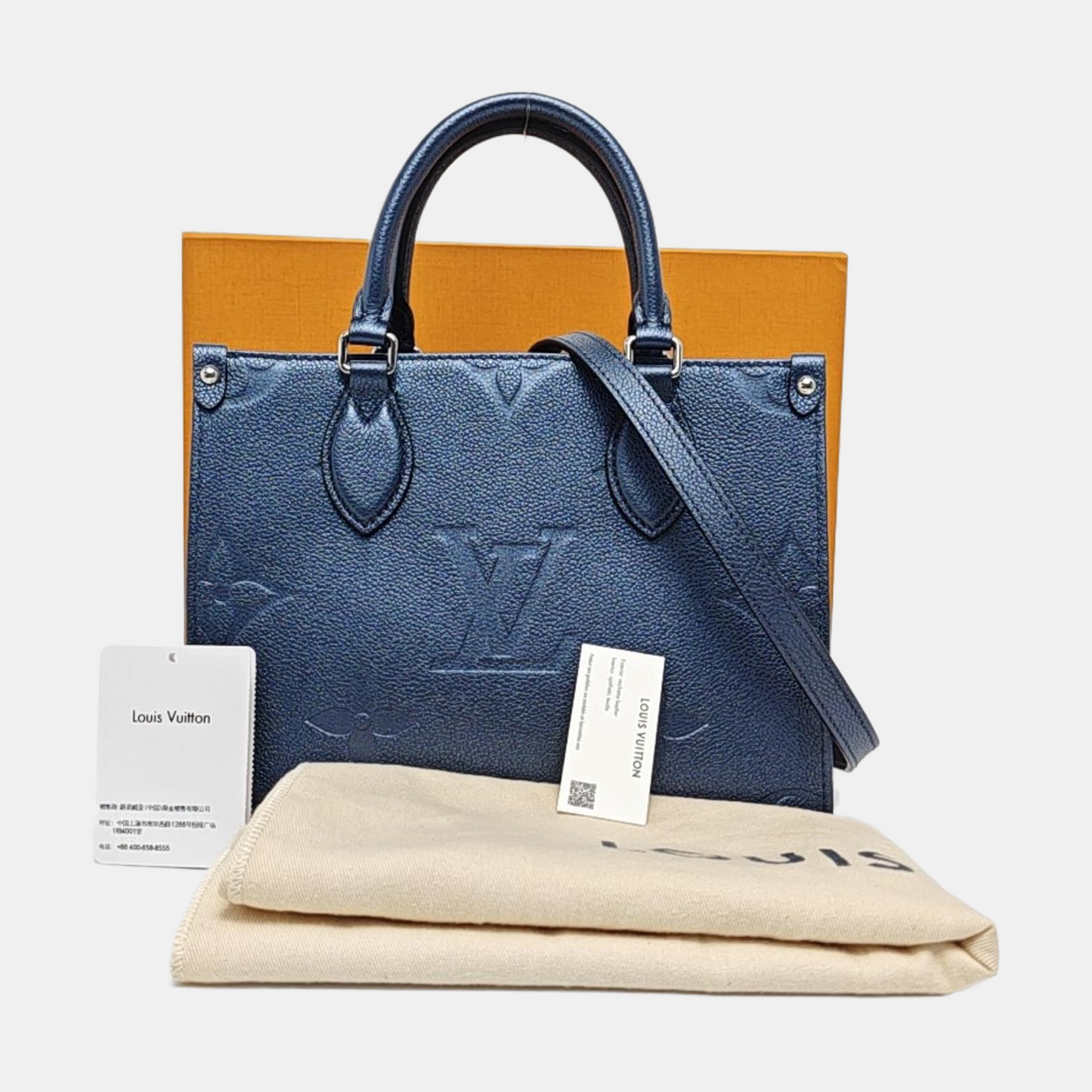 LOUIS VUITTON ONTHEGO Small size blue leather embossed jungle bag crossbody bag shoulder bag handbag with silver hardware and removable shoulder strap complete accessories-(SKU)-966998341