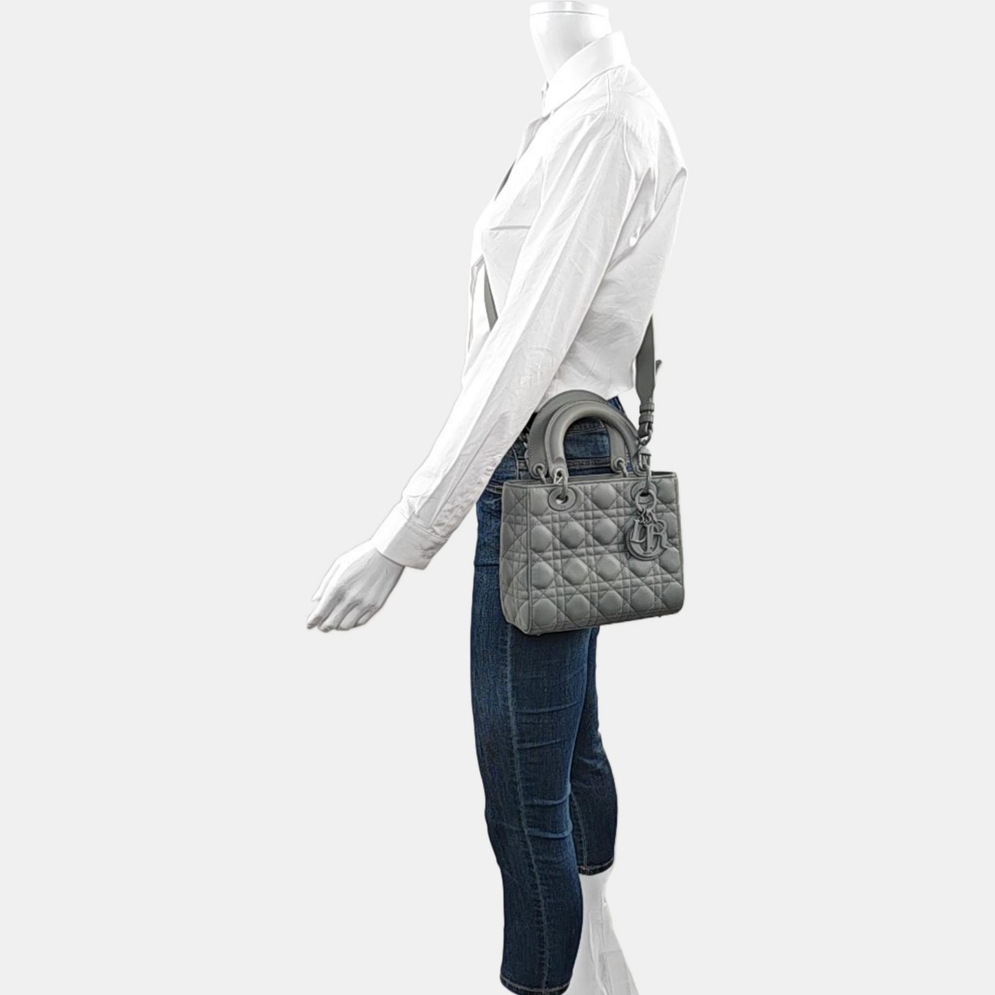 DIOR Lady Dior Small Size Grey Calfskin Quilted Cannage Four Shoulder Bag, Handbag, Crossbody Bag with Detachable Strap-(SKU)-966716801