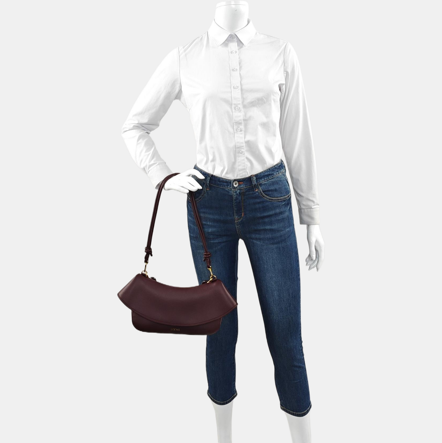 LOEWE Ola Medium Size Burgundy Calf Leather Single Shoulder Bag Golden Hardware Detachable Strap-(SKU)-967585188
