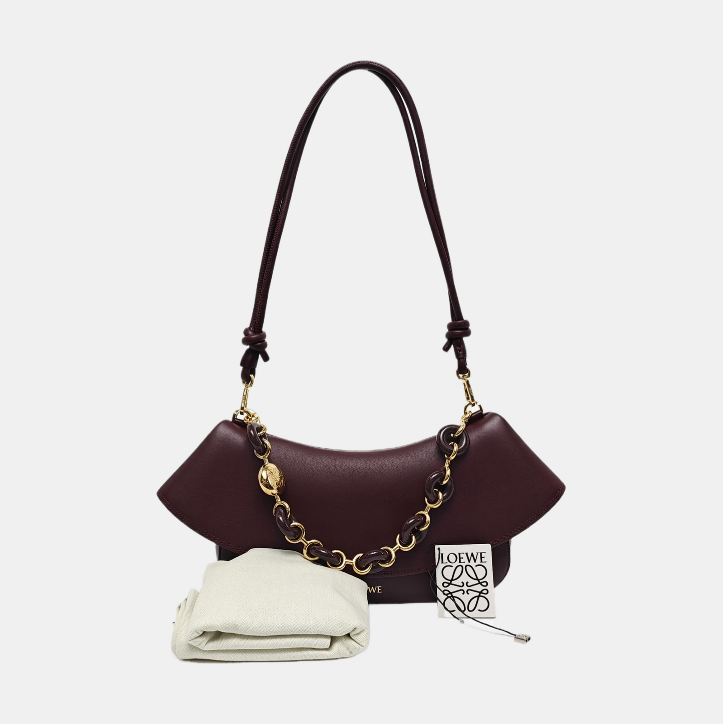 LOEWE Ola Medium Size Burgundy Calf Leather Single Shoulder Bag Golden Hardware Detachable Strap-(SKU)-967585188