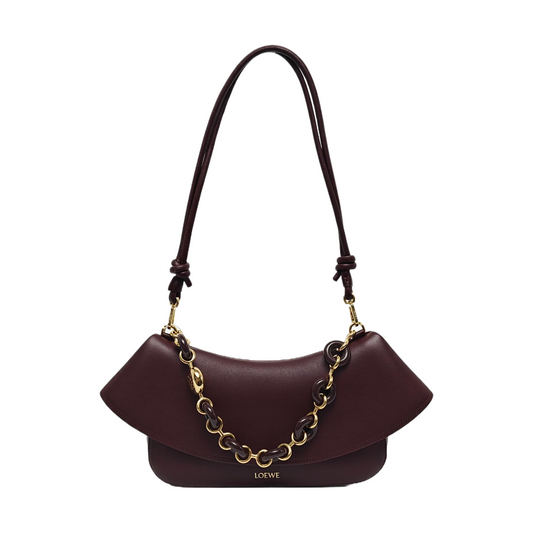 LOEWE Ola Medium Size Burgundy Calf Leather Single Shoulder Bag Golden Hardware Detachable Strap-(SKU)-967585188