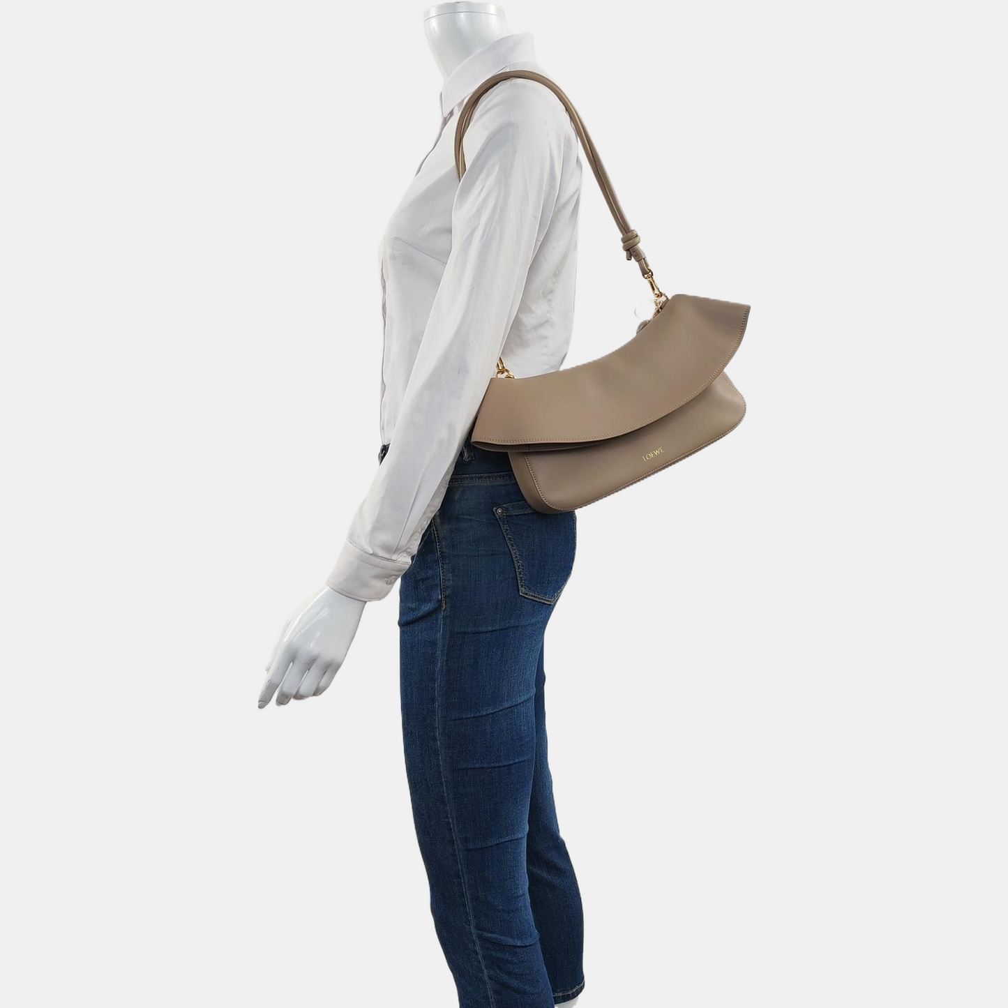 LOEWE Ola Medium Size Beige Calfskin Single Shoulder Bag Gold Hardware 2 Removable Straps-(SKU)-967585055