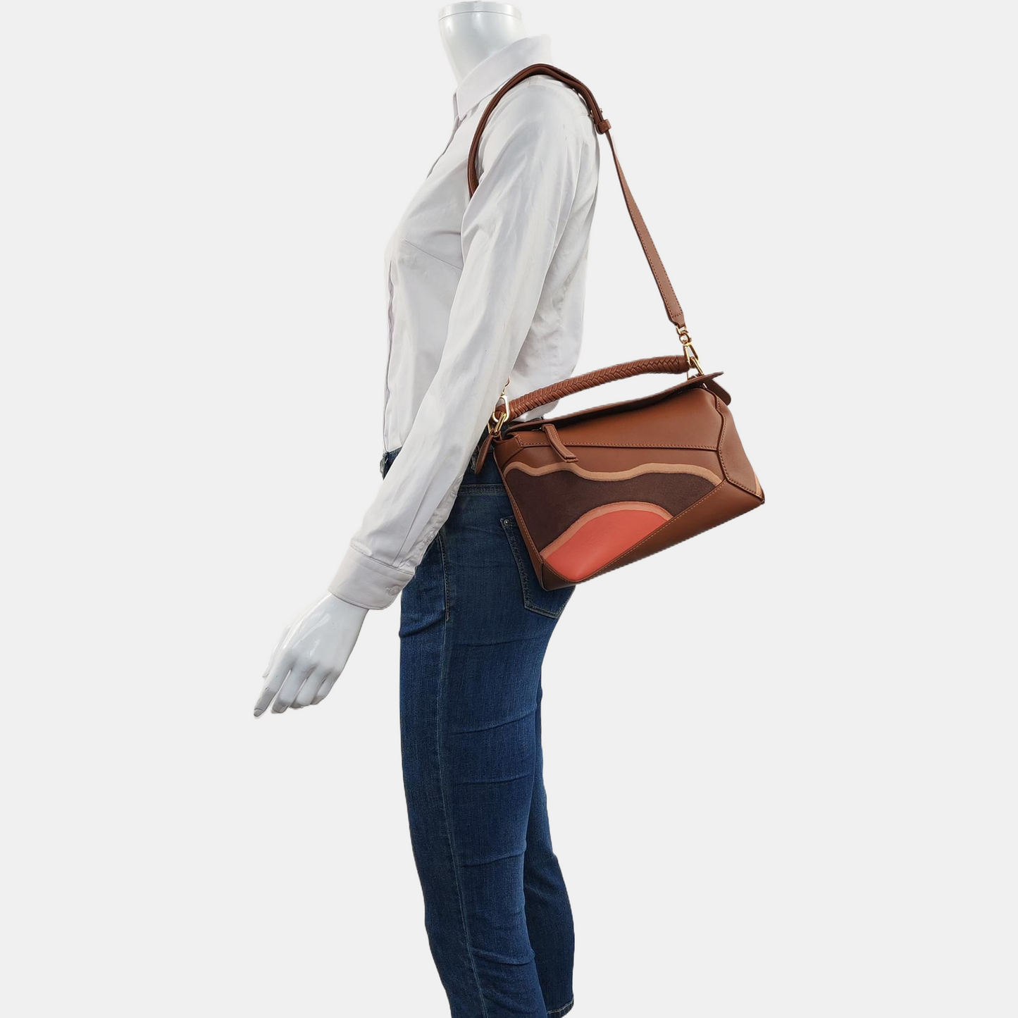 LOEWE Puzzle Edge Landscape Small Brown Leather Embossed Woven Geometric Bag Single Shoulder Bag Tote Bag Crossbody Bag Golden Hardware Removable Strap-(SKU)-967585052