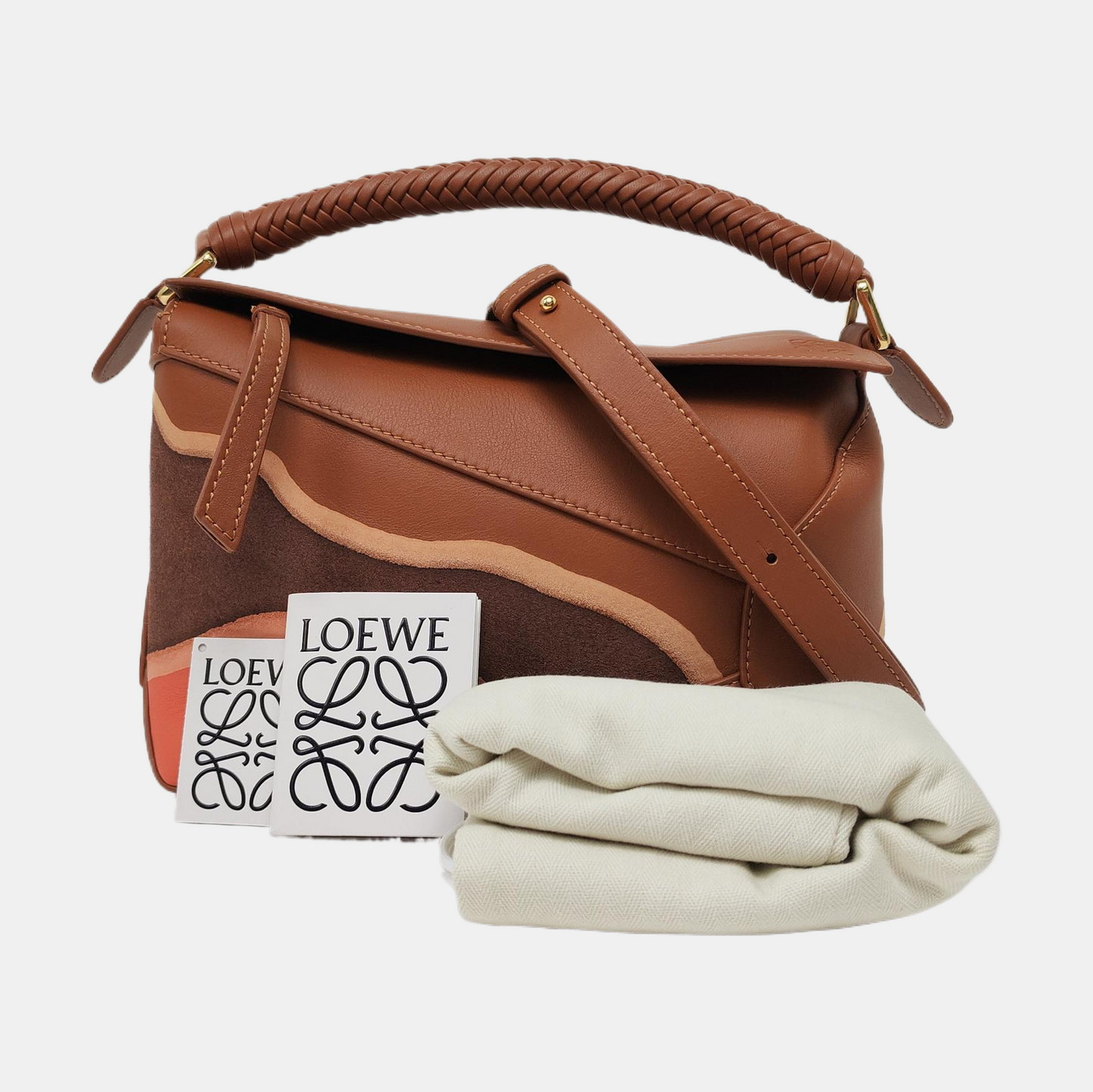 LOEWE Puzzle Edge Landscape Small Brown Leather Embossed Woven Geometric Bag Single Shoulder Bag Tote Bag Crossbody Bag Golden Hardware Removable Strap-(SKU)-967585052