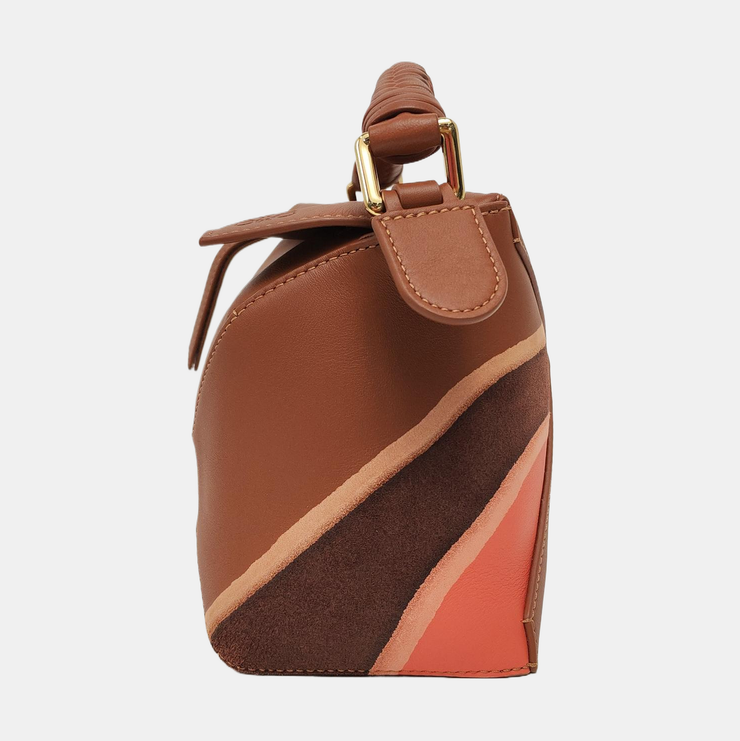 LOEWE Puzzle Edge Landscape Small Brown Leather Embossed Woven Geometric Bag Single Shoulder Bag Tote Bag Crossbody Bag Golden Hardware Removable Strap-(SKU)-967585052