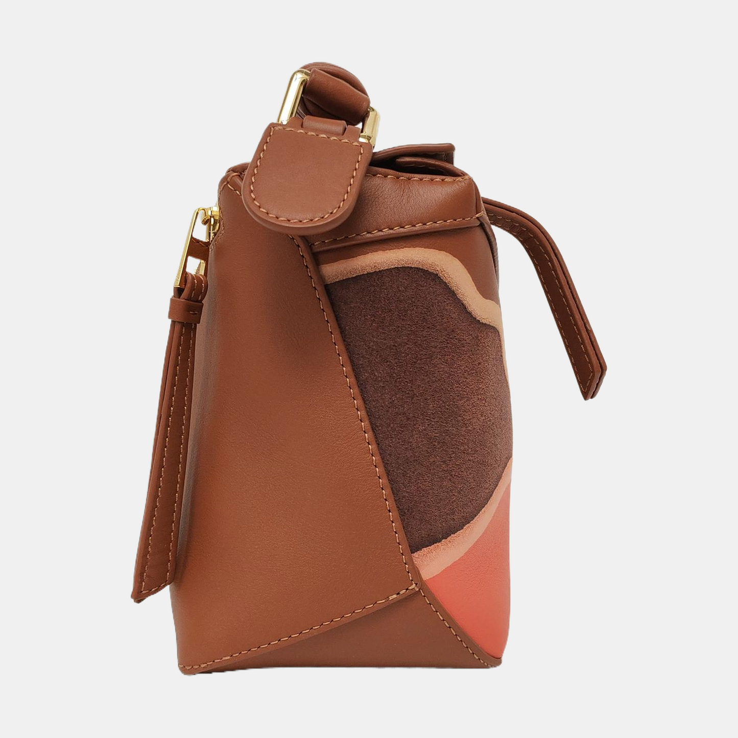 LOEWE Puzzle Edge Landscape Small Brown Leather Embossed Woven Geometric Bag Single Shoulder Bag Tote Bag Crossbody Bag Golden Hardware Removable Strap-(SKU)-967585052