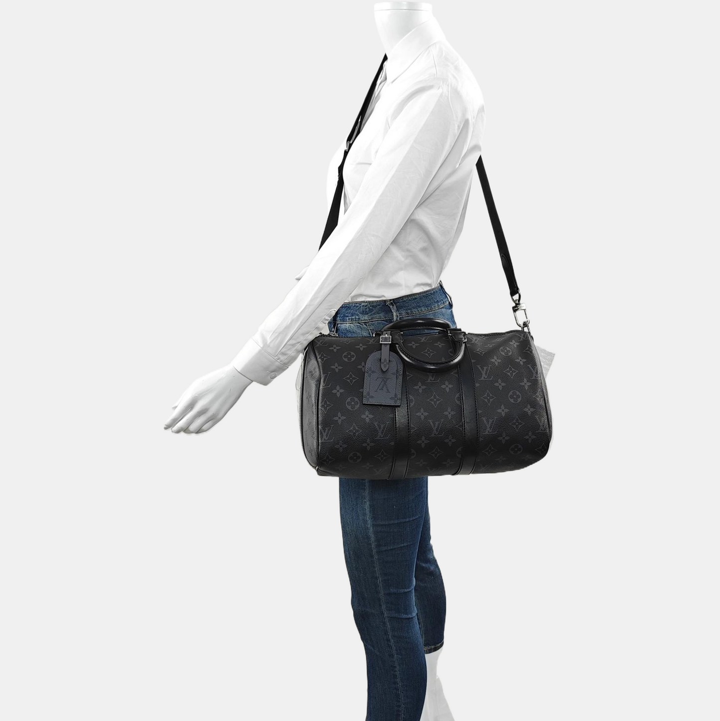 LOUIS VUITTON KEEPALL 35 Black Coated Canvas Monogram Single Shoulder Bag Handbag Crossbody Bag with Detachable Strap and Silver Hardware-(SKU)-967330082