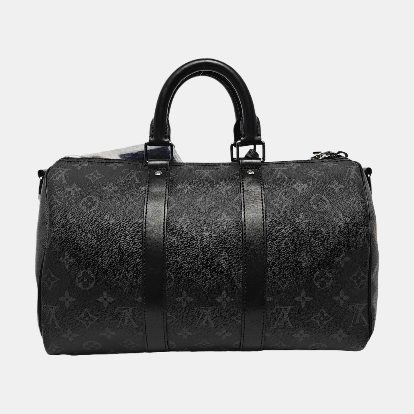 LOUIS VUITTON KEEPALL 35 Black Coated Canvas Monogram Single Shoulder Bag Handbag Crossbody Bag with Detachable Strap and Silver Hardware-(SKU)-967330082