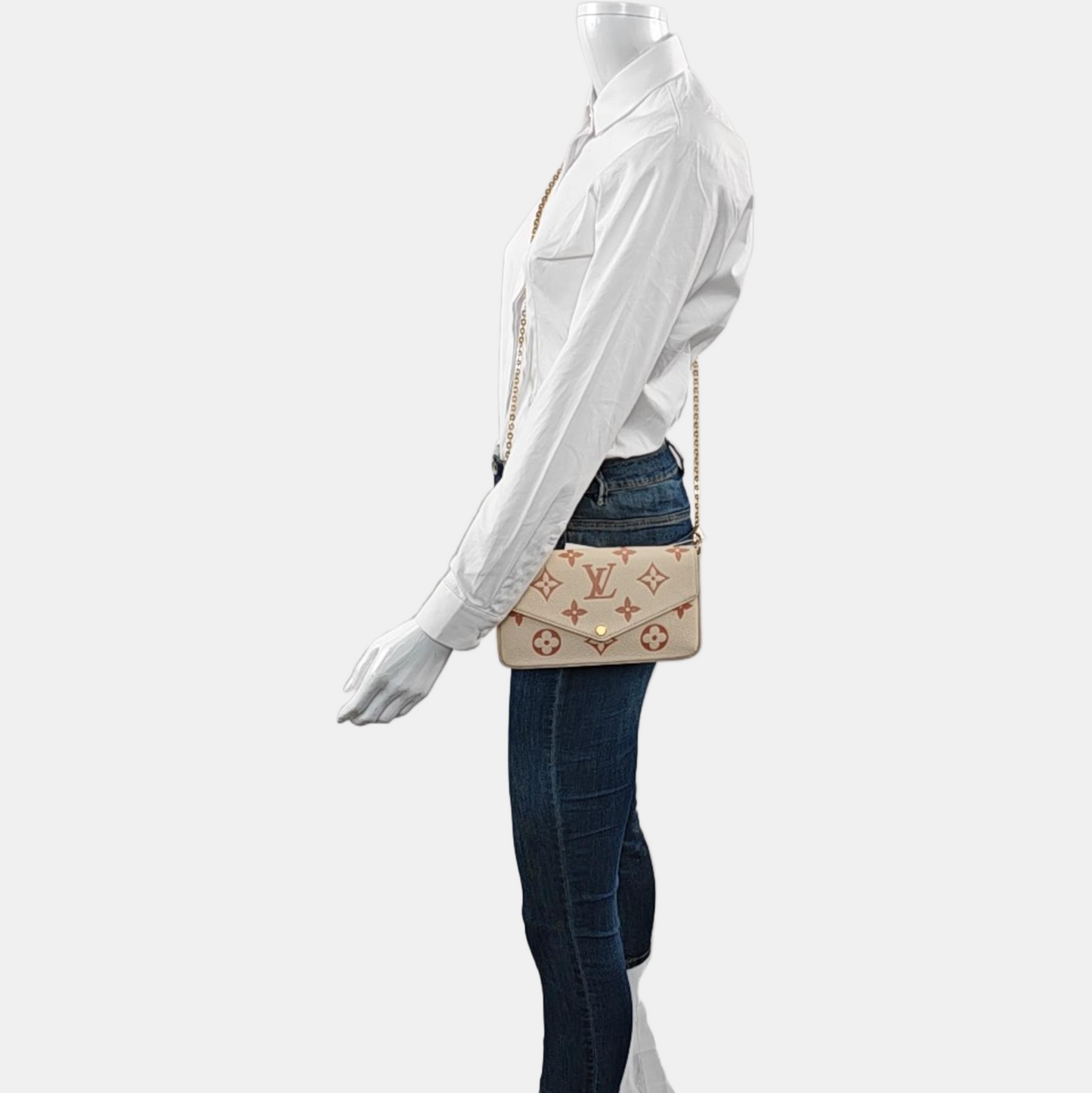 LOUIS VUITTON FÉLICIE Small White Leather Monogram Damier Ebene Crossbody Tote Shoulder Bag Golden Hardware Removable Shoulder Strap with Detachable Pocket-(SKU)-967515976
