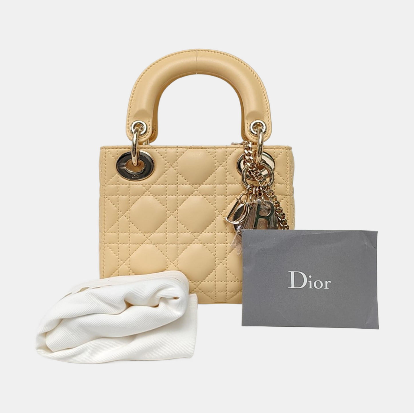 DIOR Lady Dior Mini Light Yellow Lamb Skin Quilted Three Compartments Shoulder Bag Tote Crossbody Bag with Detachable Strap-(SKU)-967633936