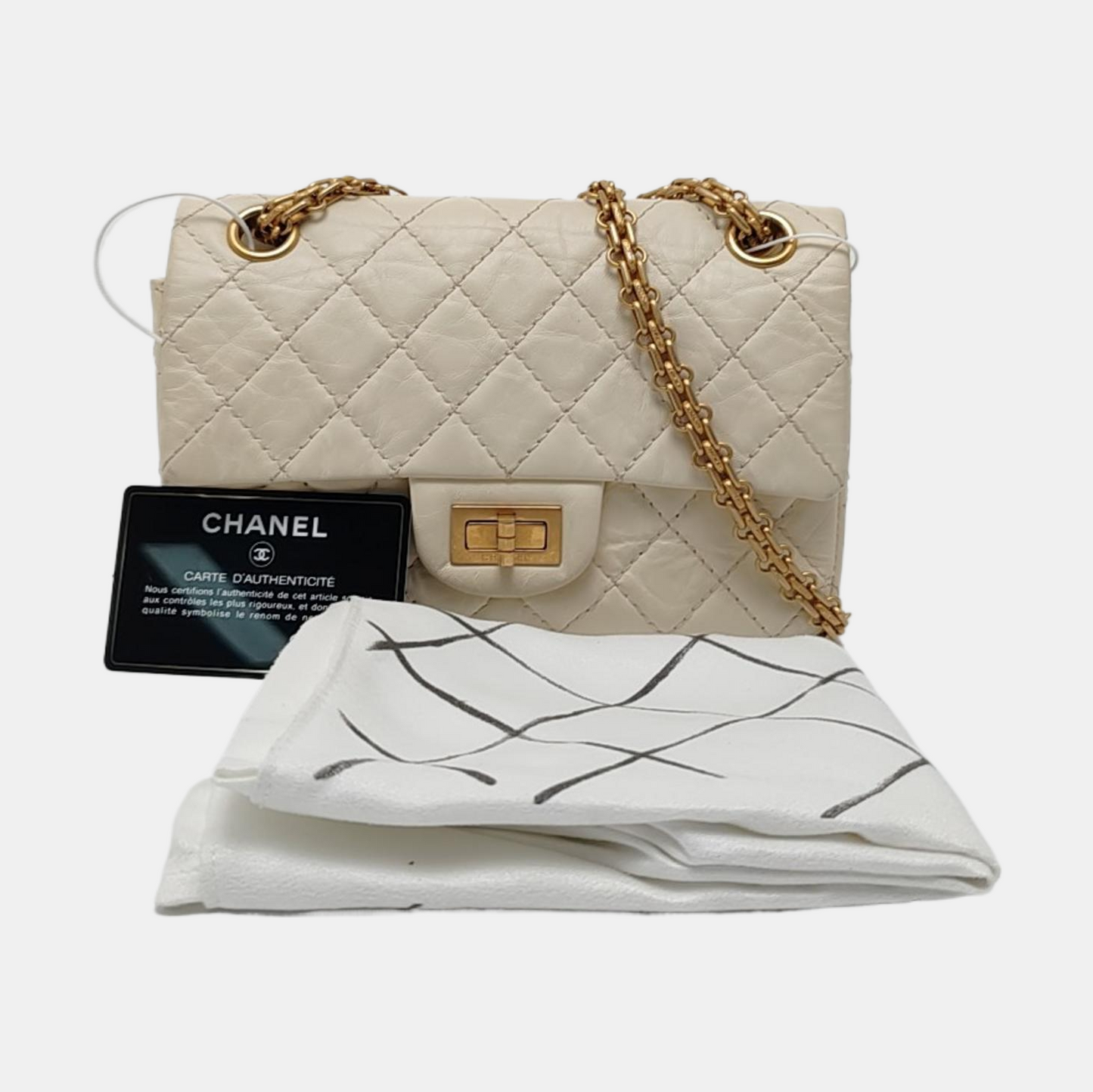 CHANEL 2.55 Mini White Calfskin Quilted Single Shoulder Bag Crossbody with Gold Hardware, 30 Clasp-(SKU)-967684071