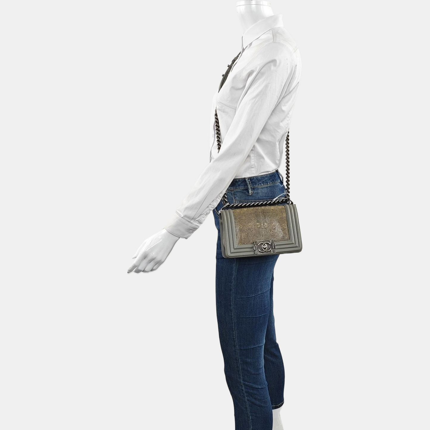 CHANEL BOY CHANEL small size grey lizard skin quilted crossbody bag with 19 chain links, palladium hardware, detachable strap-(SKU)-967359971