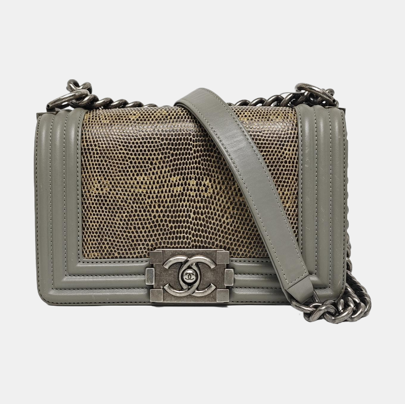 CHANEL BOY CHANEL small size grey lizard skin quilted crossbody bag with 19 chain links, palladium hardware, detachable strap-(SKU)-967359971