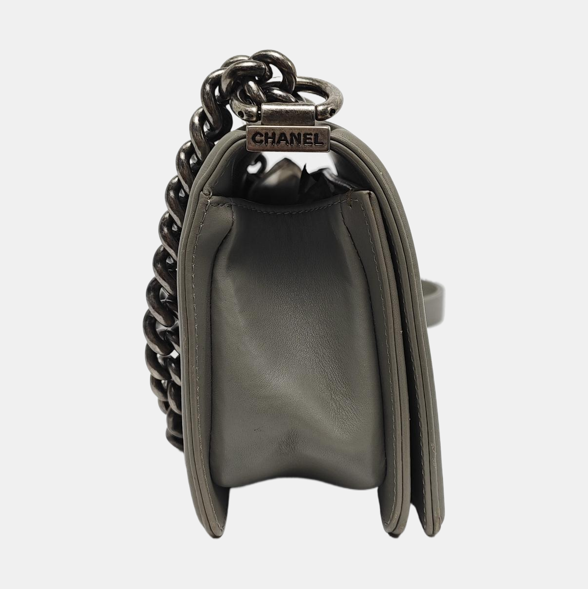 CHANEL BOY CHANEL small size grey lizard skin quilted crossbody bag with 19 chain links, palladium hardware, detachable strap-(SKU)-967359971