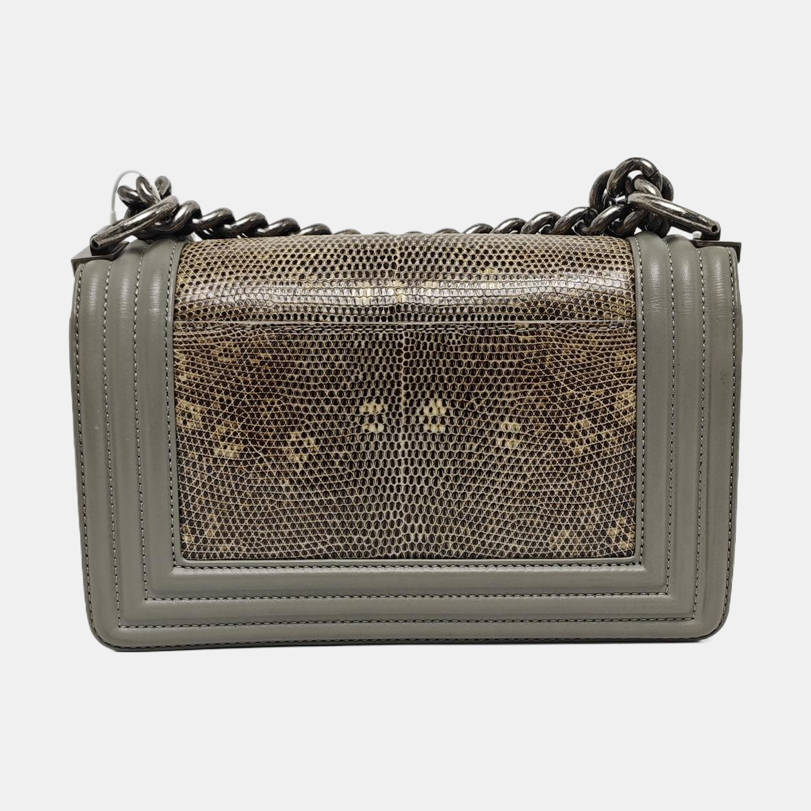 CHANEL BOY CHANEL small size grey lizard skin quilted crossbody bag with 19 chain links, palladium hardware, detachable strap-(SKU)-967359971
