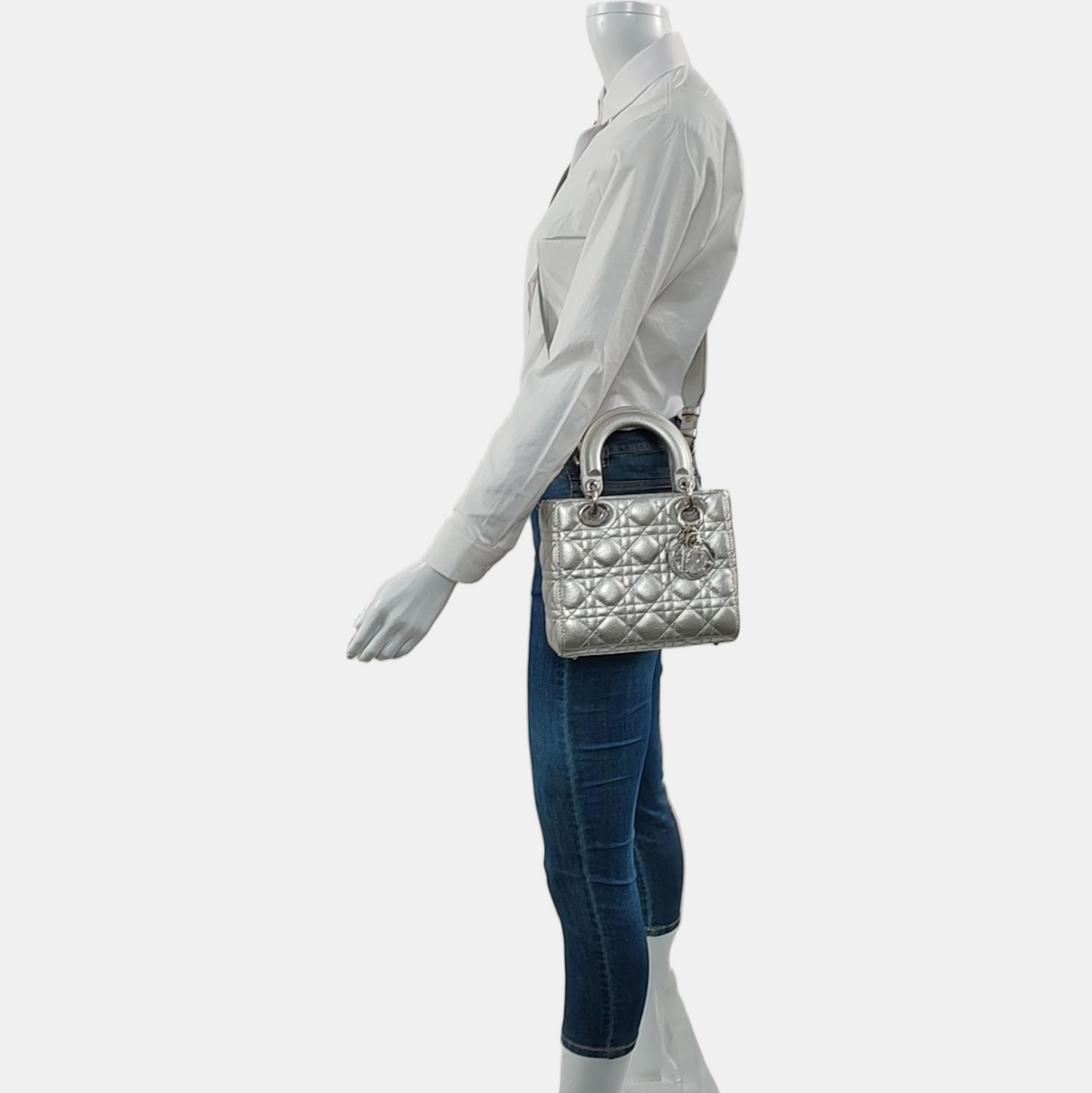 DIOR Lady Dior Small Size Silver Calfskin Quilted Cannage Four Shoulder Bag, Crossbody Bag, Handbag with Detachable Strap-(SKU)-967528877