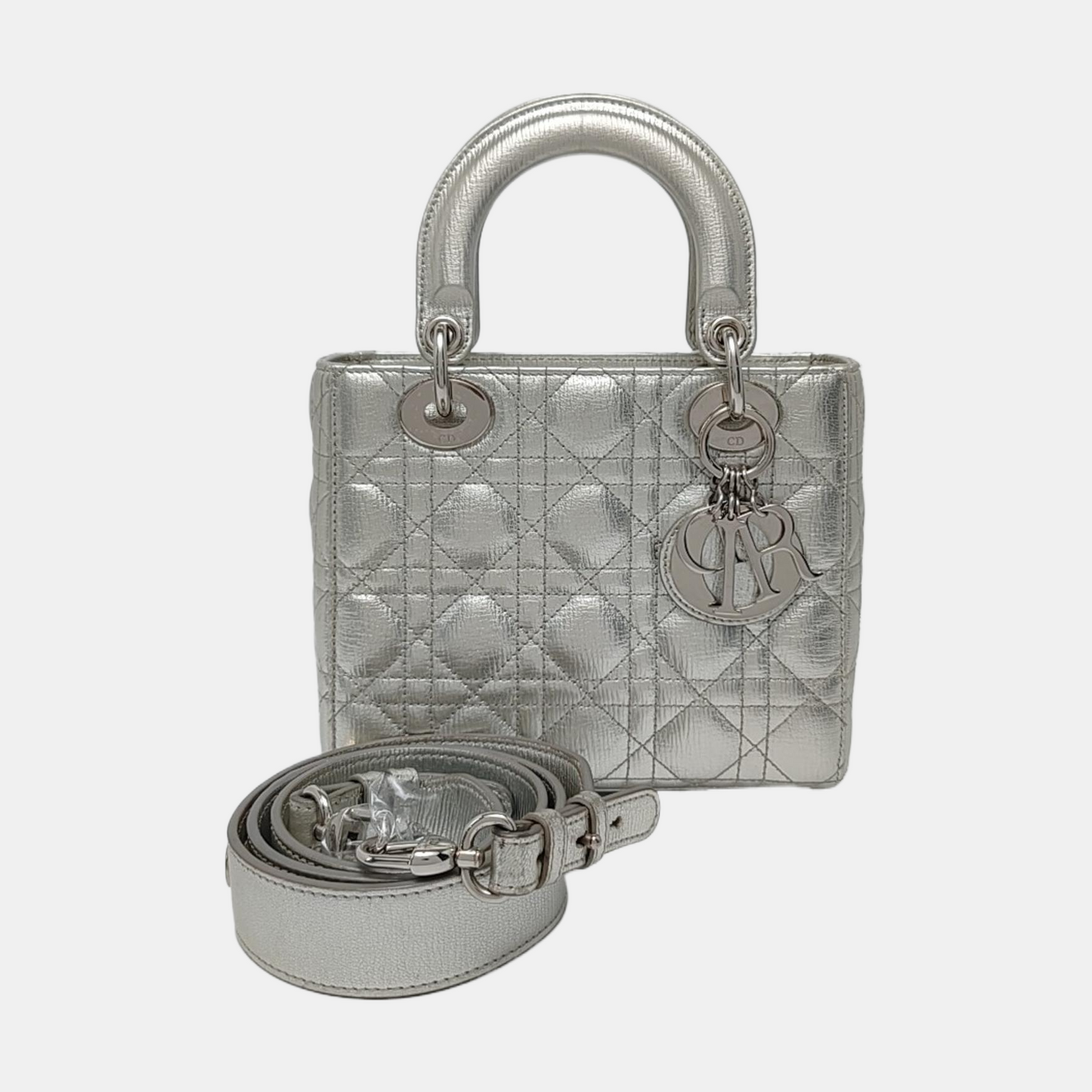DIOR Lady Dior Small Size Silver Calfskin Quilted Cannage Four Shoulder Bag, Crossbody Bag, Handbag with Detachable Strap-(SKU)-967528877
