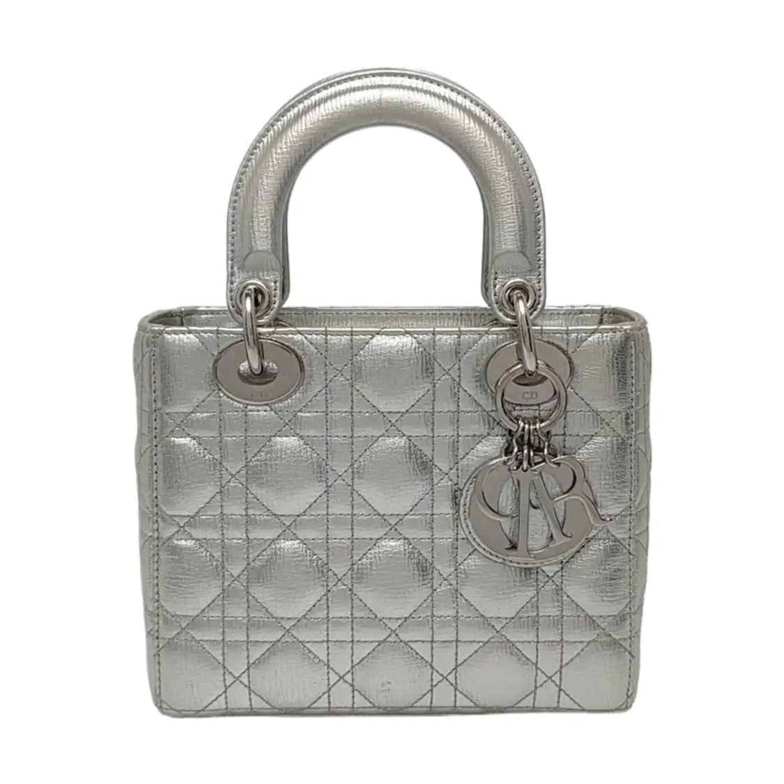 DIOR Lady Dior Small Size Silver Calfskin Quilted Cannage Four Shoulder Bag, Crossbody Bag, Handbag with Detachable Strap-(SKU)-967528877