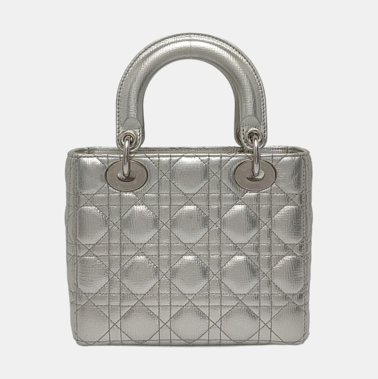 DIOR Lady Dior Small Size Silver Calfskin Quilted Cannage Four Shoulder Bag, Crossbody Bag, Handbag with Detachable Strap-(SKU)-967528877