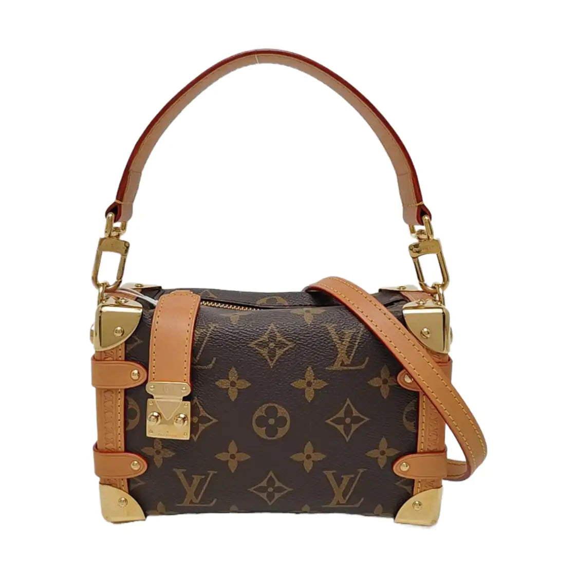 LOUIS VUITTON SIDE TRUNK Small Size Brown Coated Canvas Monogram Embossed Riveted Soft Box Shoulder Bag Tote Bag Crossbody Bag Gold Hardware Two Removable Straps-(SKU)-967707192