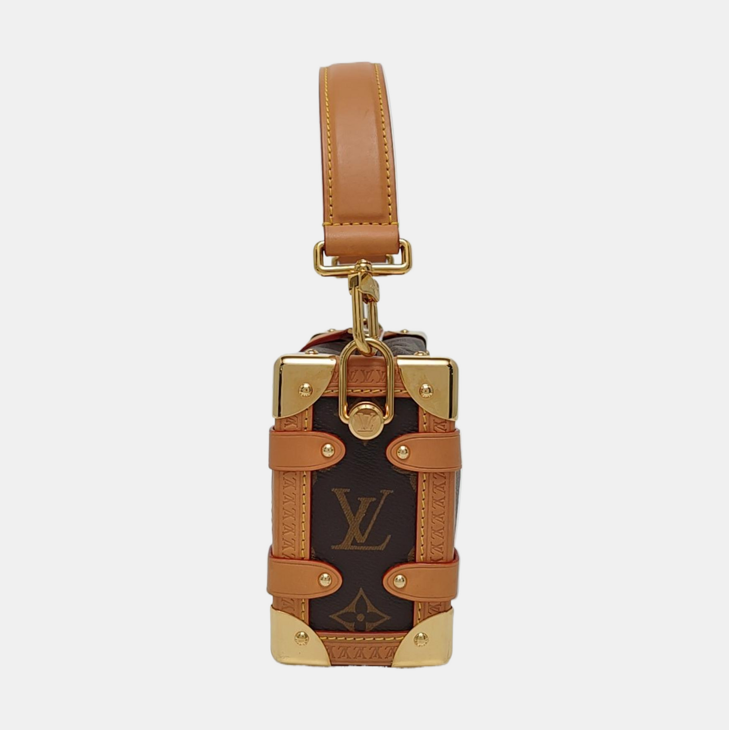 LOUIS VUITTON SIDE TRUNK Small Size Brown Coated Canvas Monogram Embossed Riveted Soft Box Shoulder Bag Tote Bag Crossbody Bag Gold Hardware Two Removable Straps-(SKU)-967707192