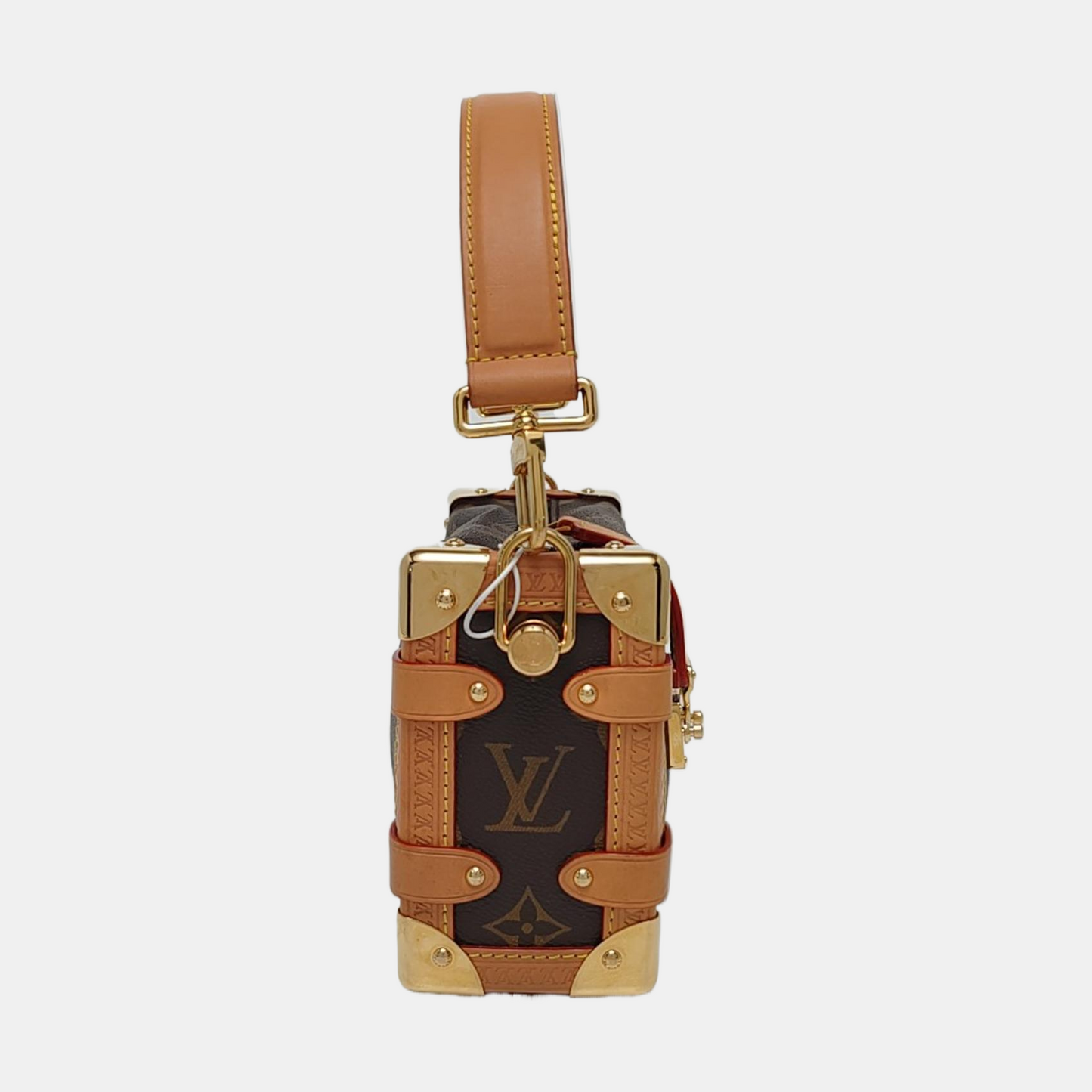 LOUIS VUITTON SIDE TRUNK Small Size Brown Coated Canvas Monogram Embossed Riveted Soft Box Shoulder Bag Tote Bag Crossbody Bag Gold Hardware Two Removable Straps-(SKU)-967707192