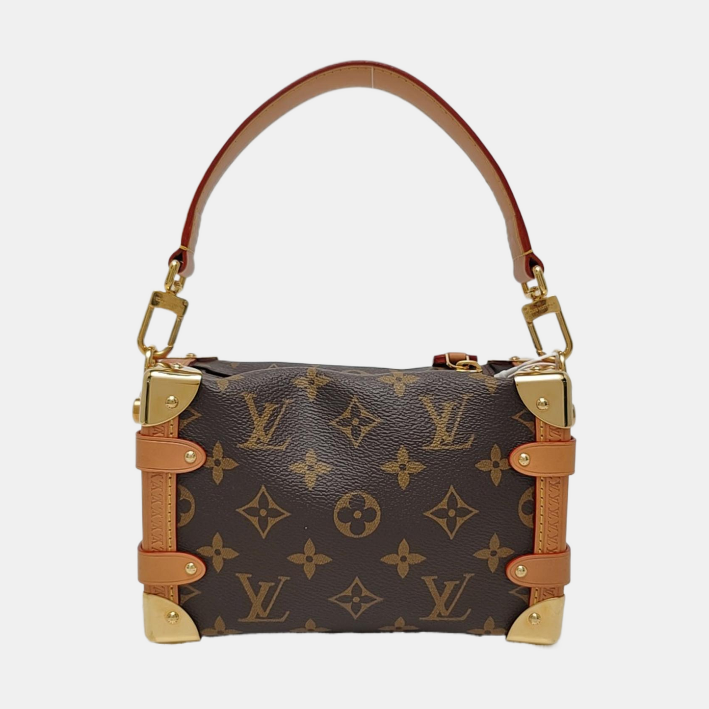 LOUIS VUITTON SIDE TRUNK Small Size Brown Coated Canvas Monogram Embossed Riveted Soft Box Shoulder Bag Tote Bag Crossbody Bag Gold Hardware Two Removable Straps-(SKU)-967707192