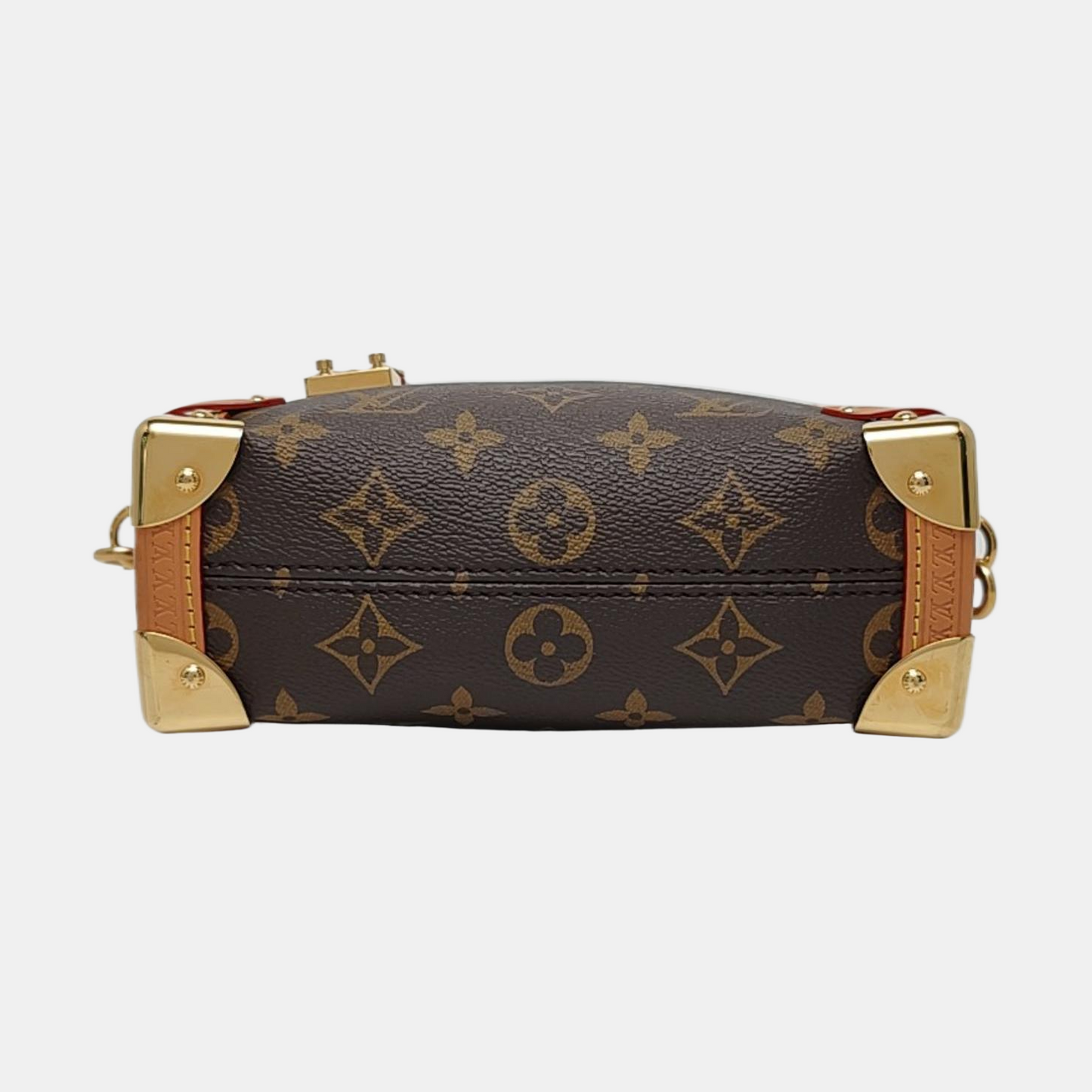 LOUIS VUITTON SIDE TRUNK Small Size Brown Coated Canvas Monogram Embossed Riveted Soft Box Shoulder Bag Tote Bag Crossbody Bag Gold Hardware Two Removable Straps-(SKU)-967707192